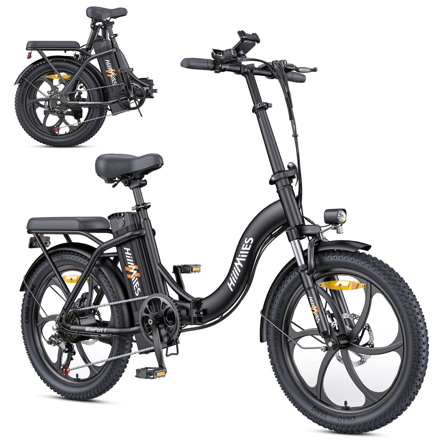 Bicicletta elettrica nera con due ruote. Include una versione piegata. Sfondo bianco.
