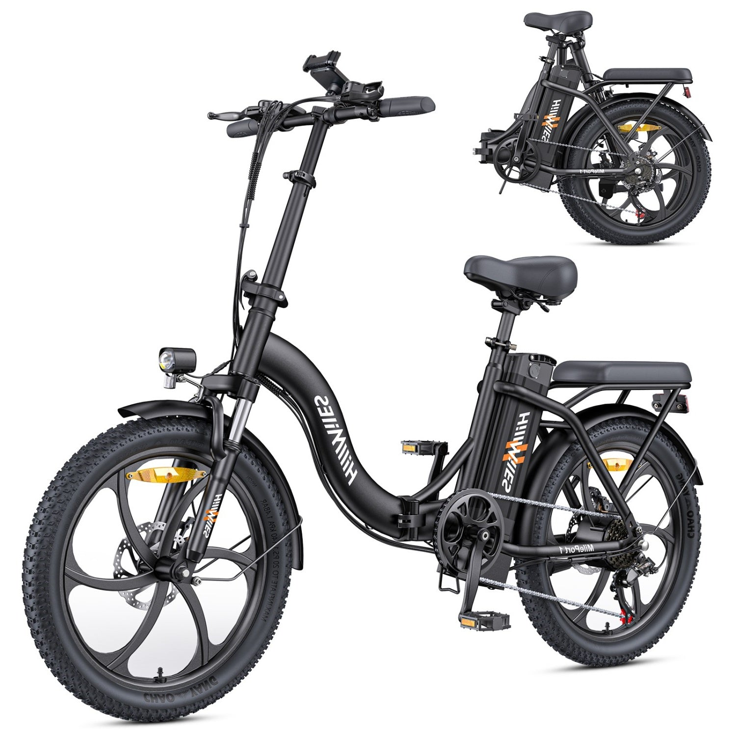 Una bici elettrica nera con tre diverse viste, che mostrano il design e le caratteristiche.
