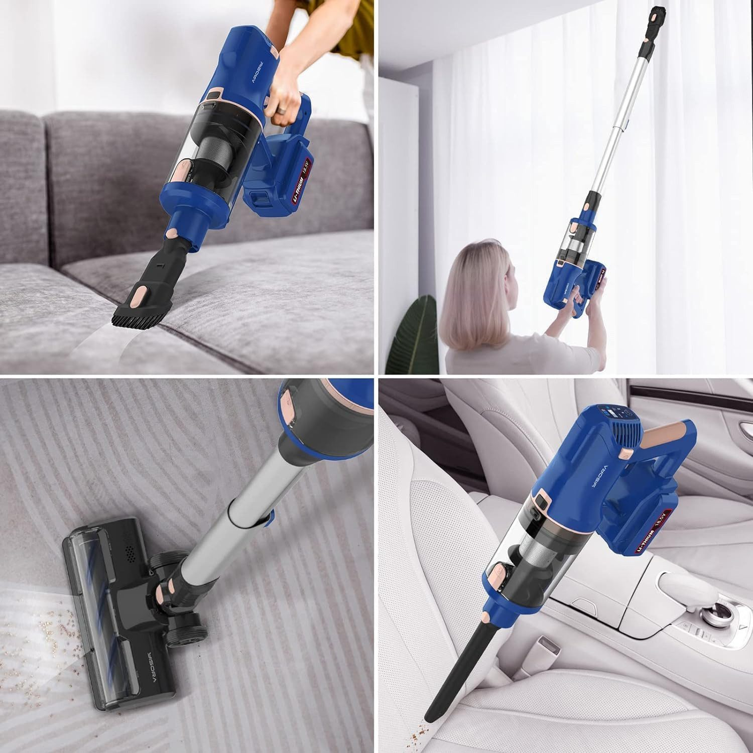 Wiele zdjęć przedstawiających niebiesko-czarny odkurzacz bezprzewodowy w użyciu na meblach i w samochodzie.