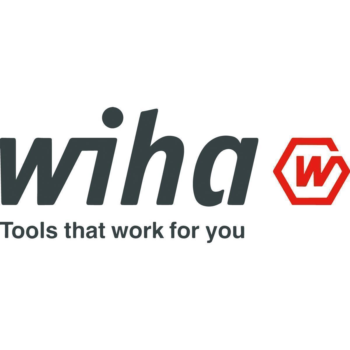 Logo Wiha Tools, czarny tekst i czerwono-biały symbol w kształcie litery W. Hasło 'Narzędzia, które działają dla Ciebie'.