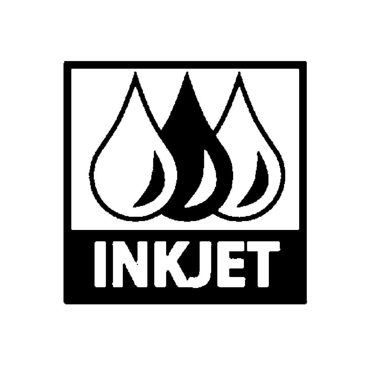 Czarno-białe logo Inkjet z trzema kroplami atramentu i słowem INKJET w czarnym prostokącie.