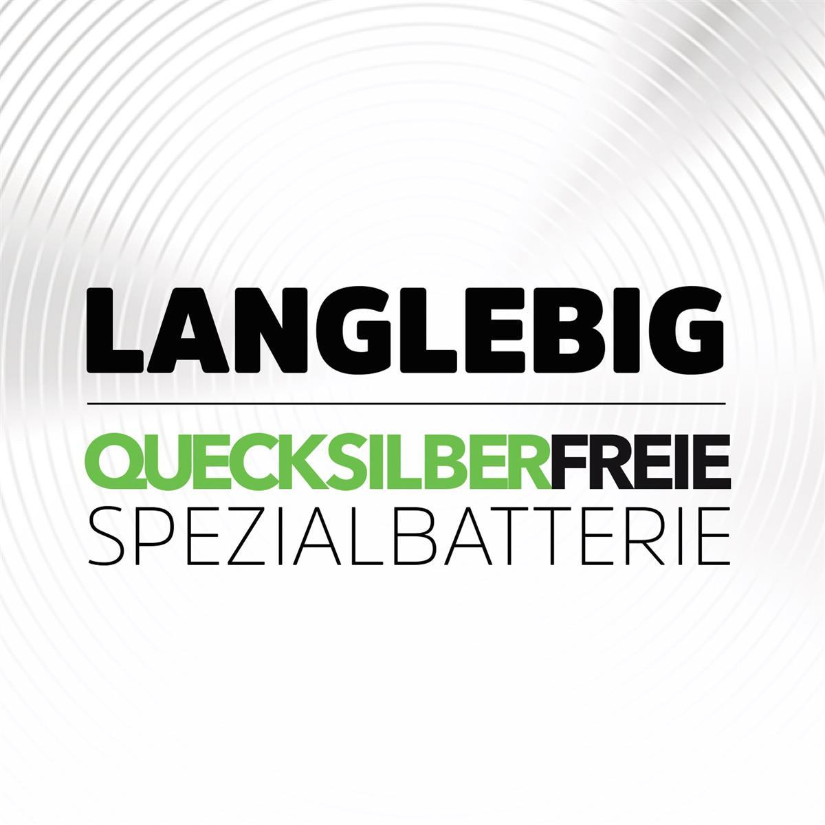 Białe tło z czarnym i zielonym tekstem: LANGLEBIG, QUECKSILBERFREIE SPEZIALBATTERIE.