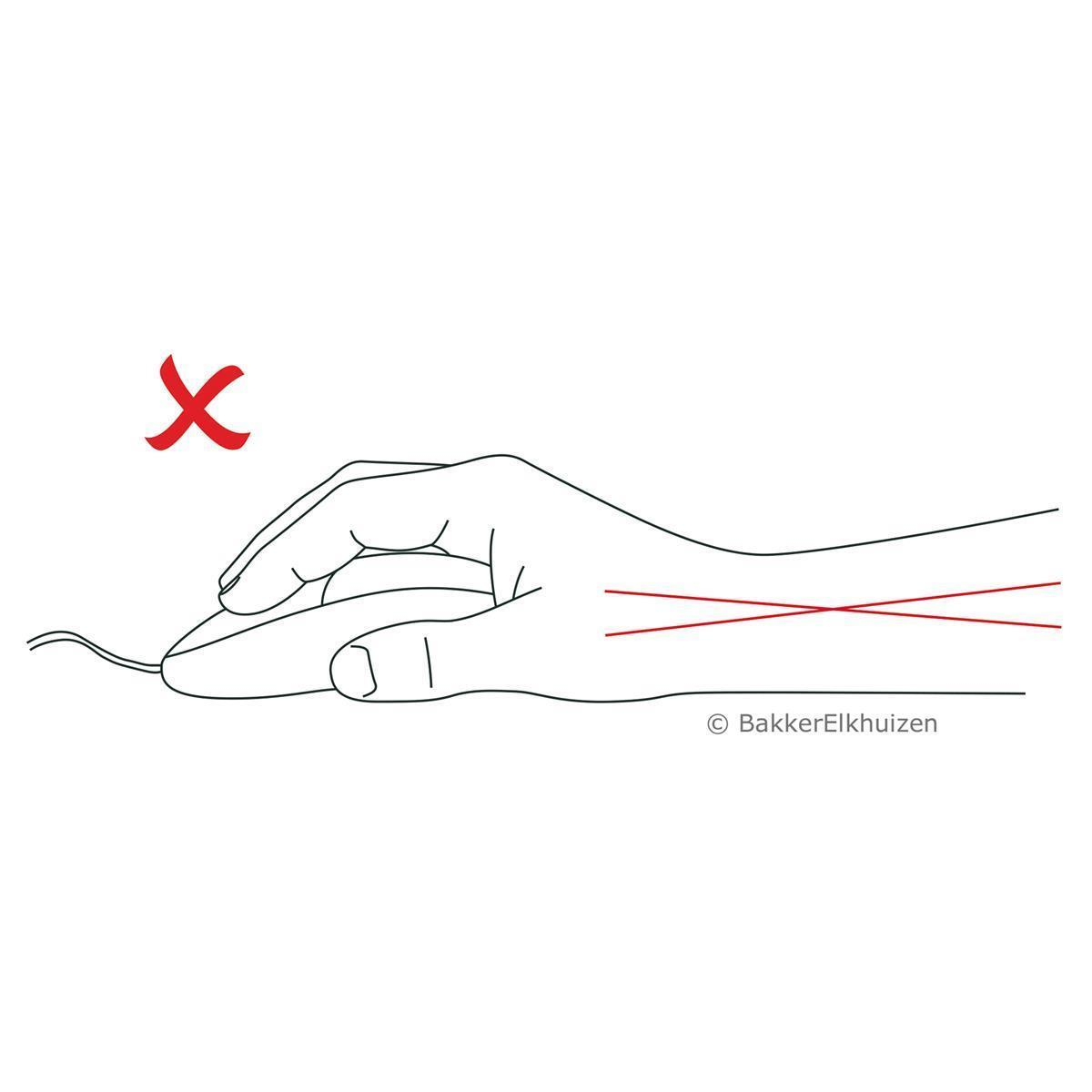 Hand with a mouse, showing an example of incorrect wrist positioning. Red lines indicate wrong posture.