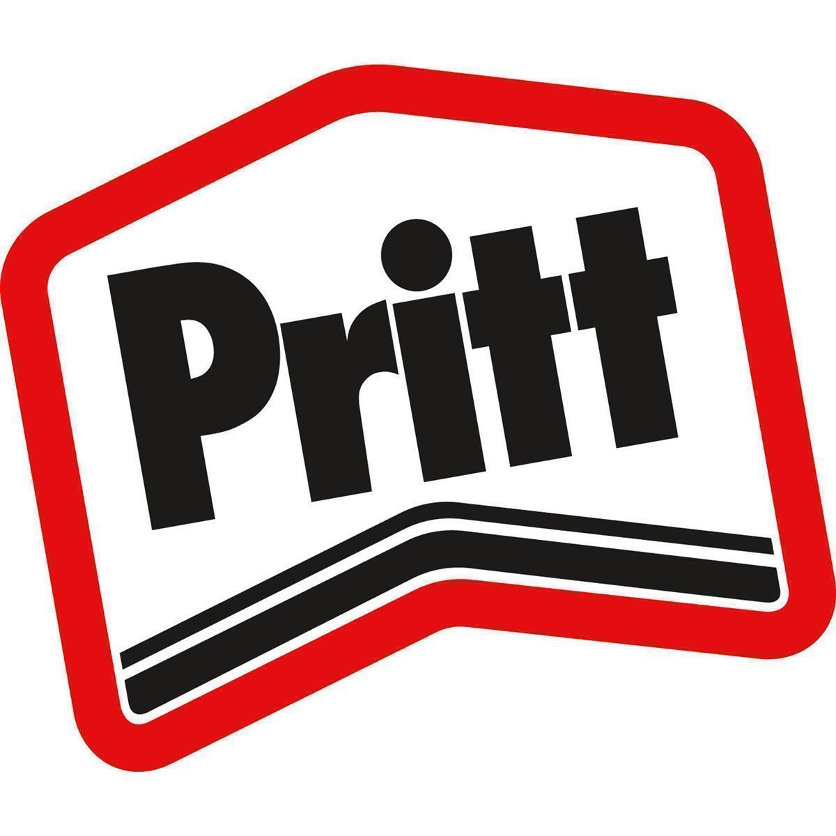 Pritt-Logo auf Weiß. Roter Rand umgibt den weißen Hintergrund. Schwarze Buchstaben und Linien.