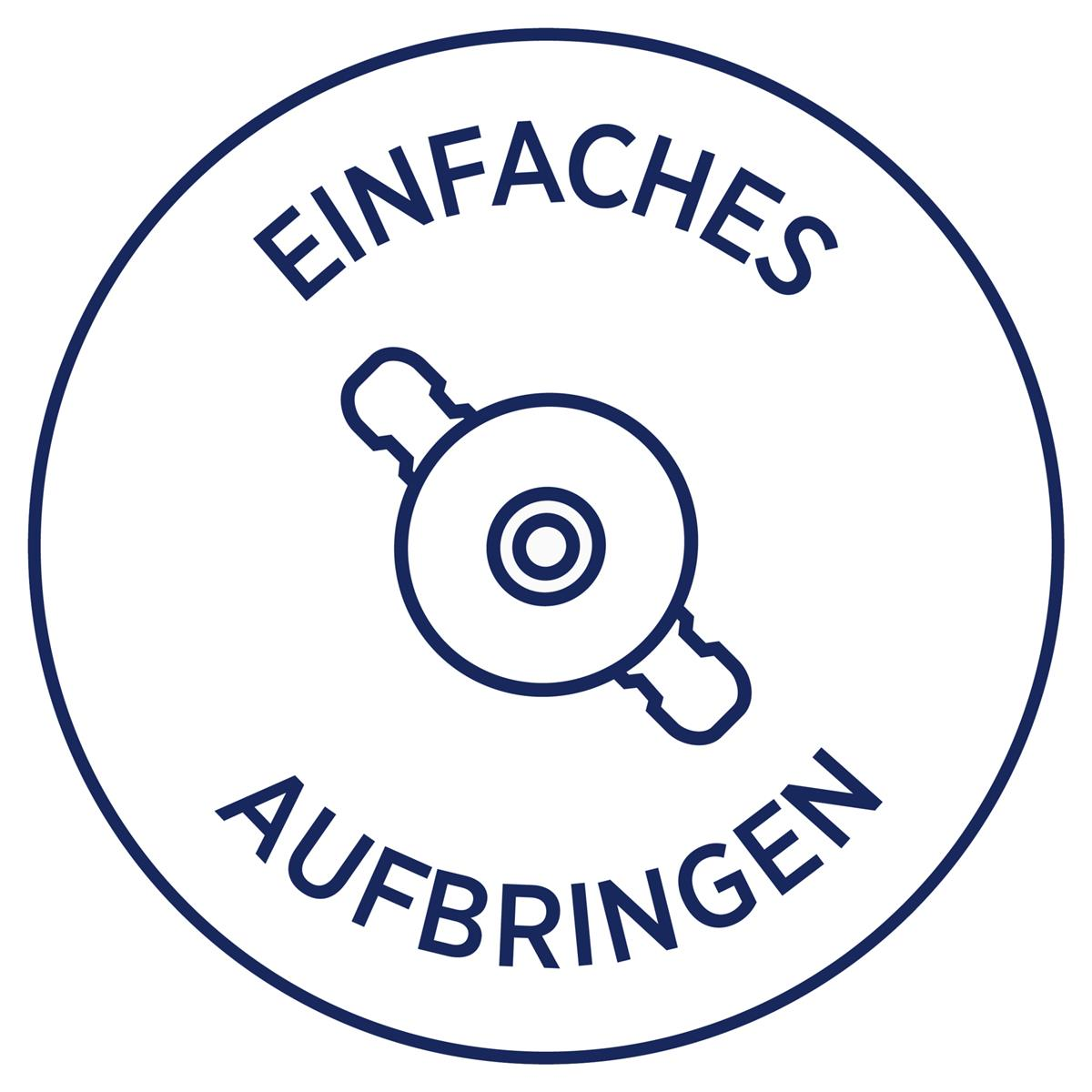 Kreisförmiges Symbol mit Schraubenschlüssel, blauer Ring, weißer Hintergrund, einfaches Design.