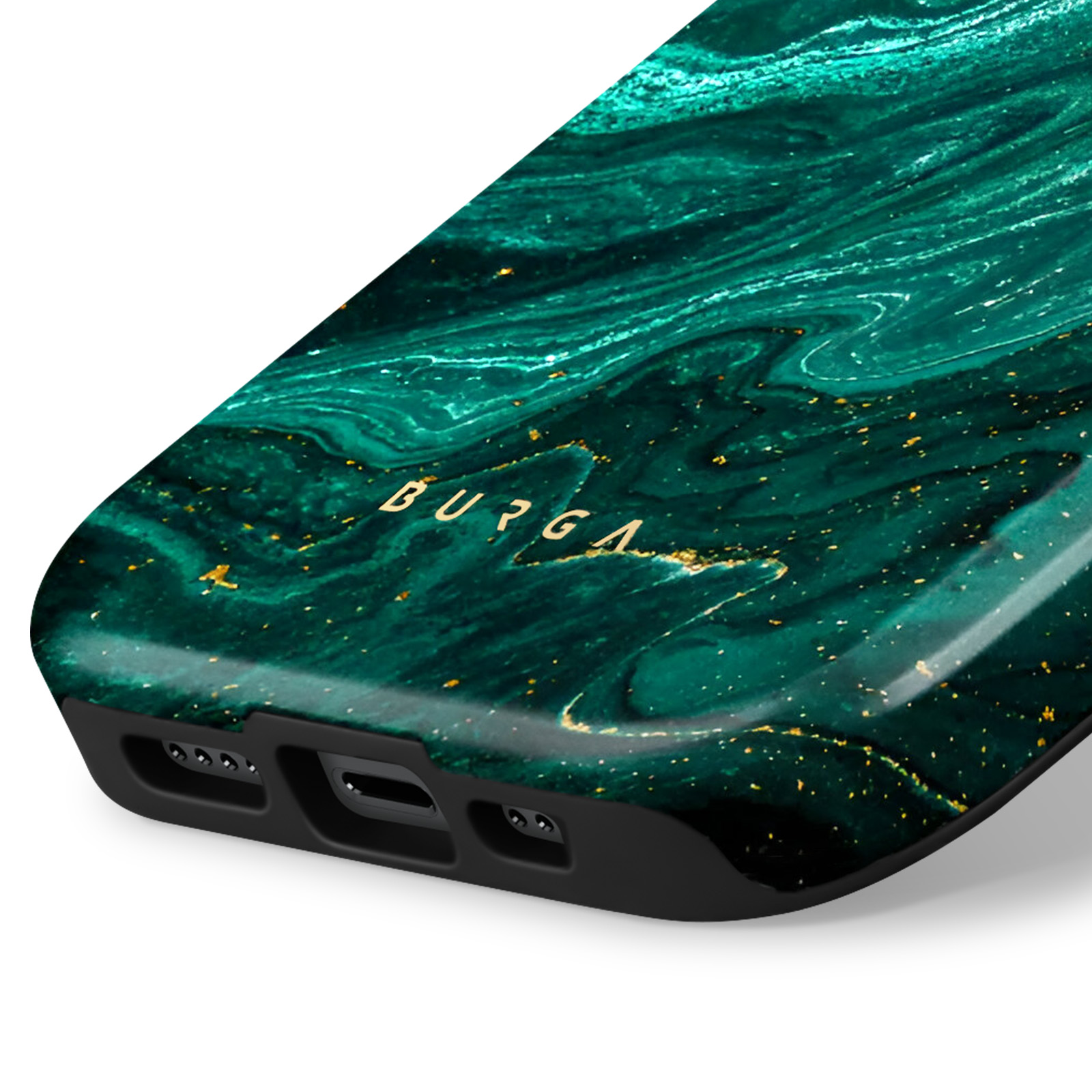 Close-up of a phone case with a green marble design and gold lettering that says BURGA.