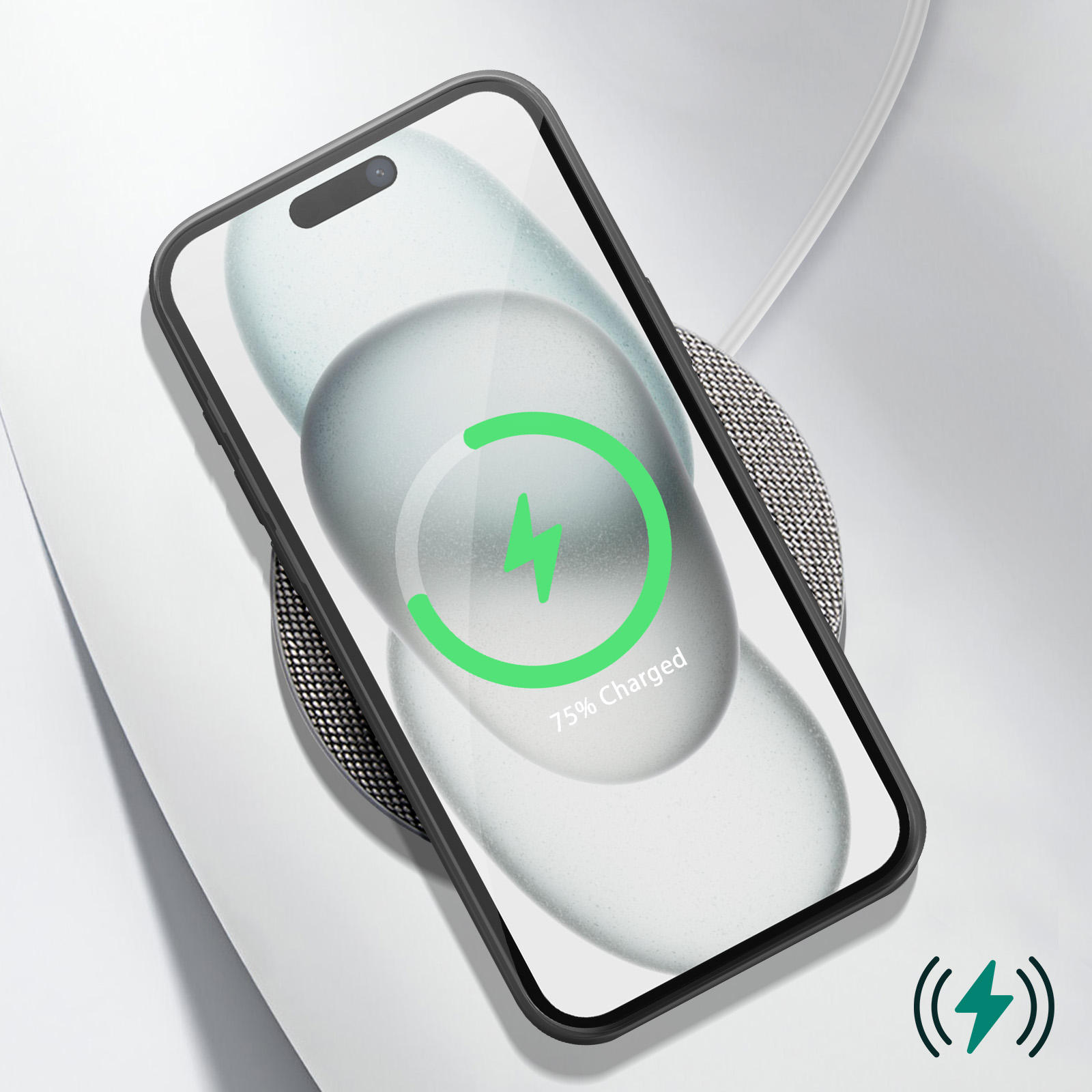 A phone charging on a wireless charger. The screen shows 75% charged with a green lightning icon.