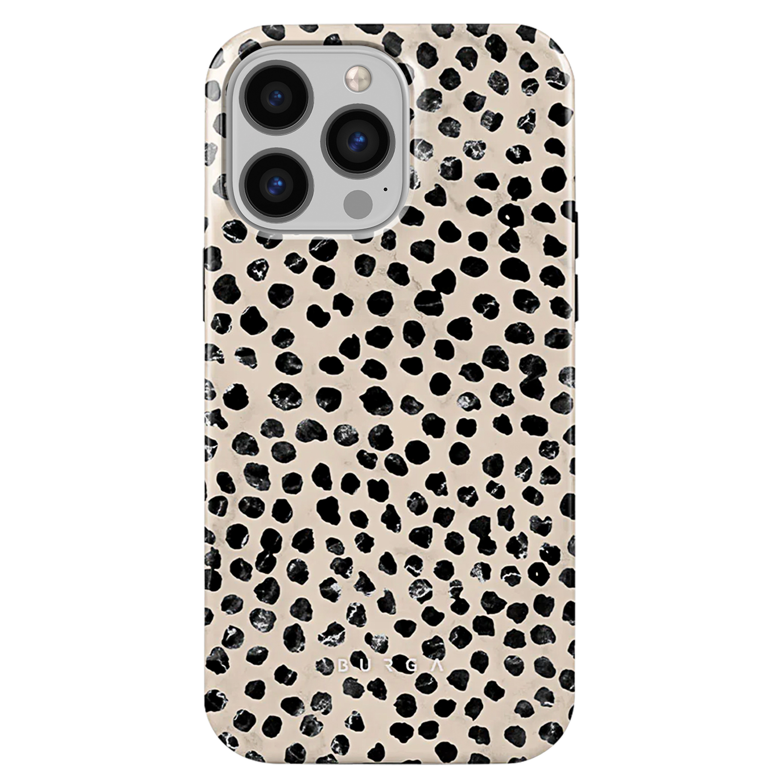 Custodia per telefono con macchie nere su sfondo beige chiaro, più fotocamere.