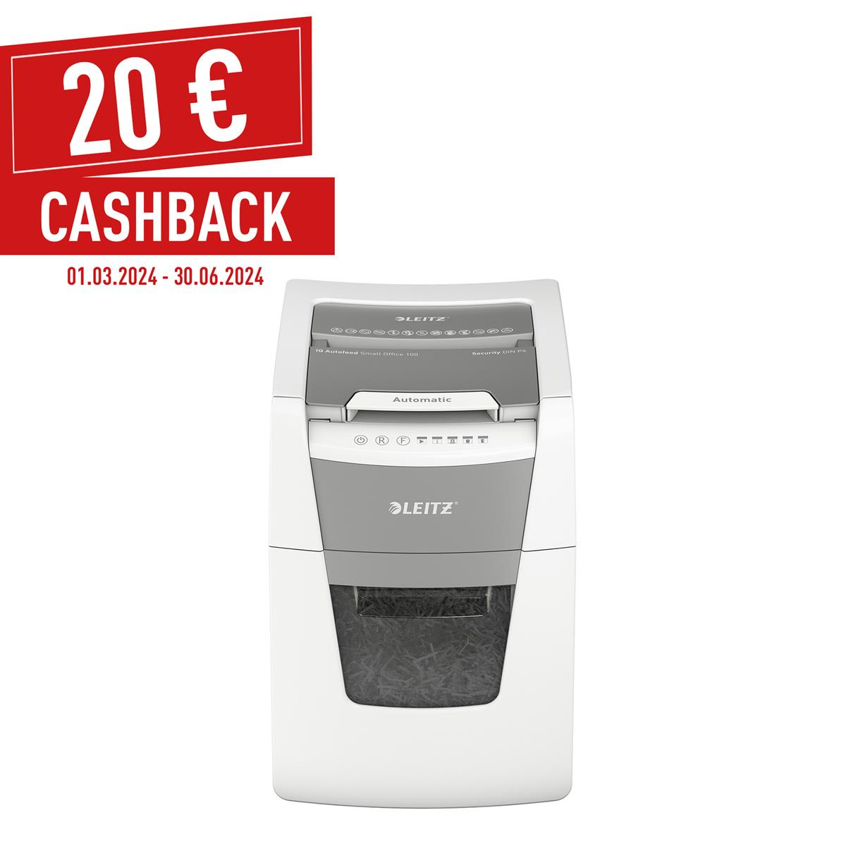 Biało-szara niszczarka papieru z czerwonym banerem: '20€ CASHBACK'.