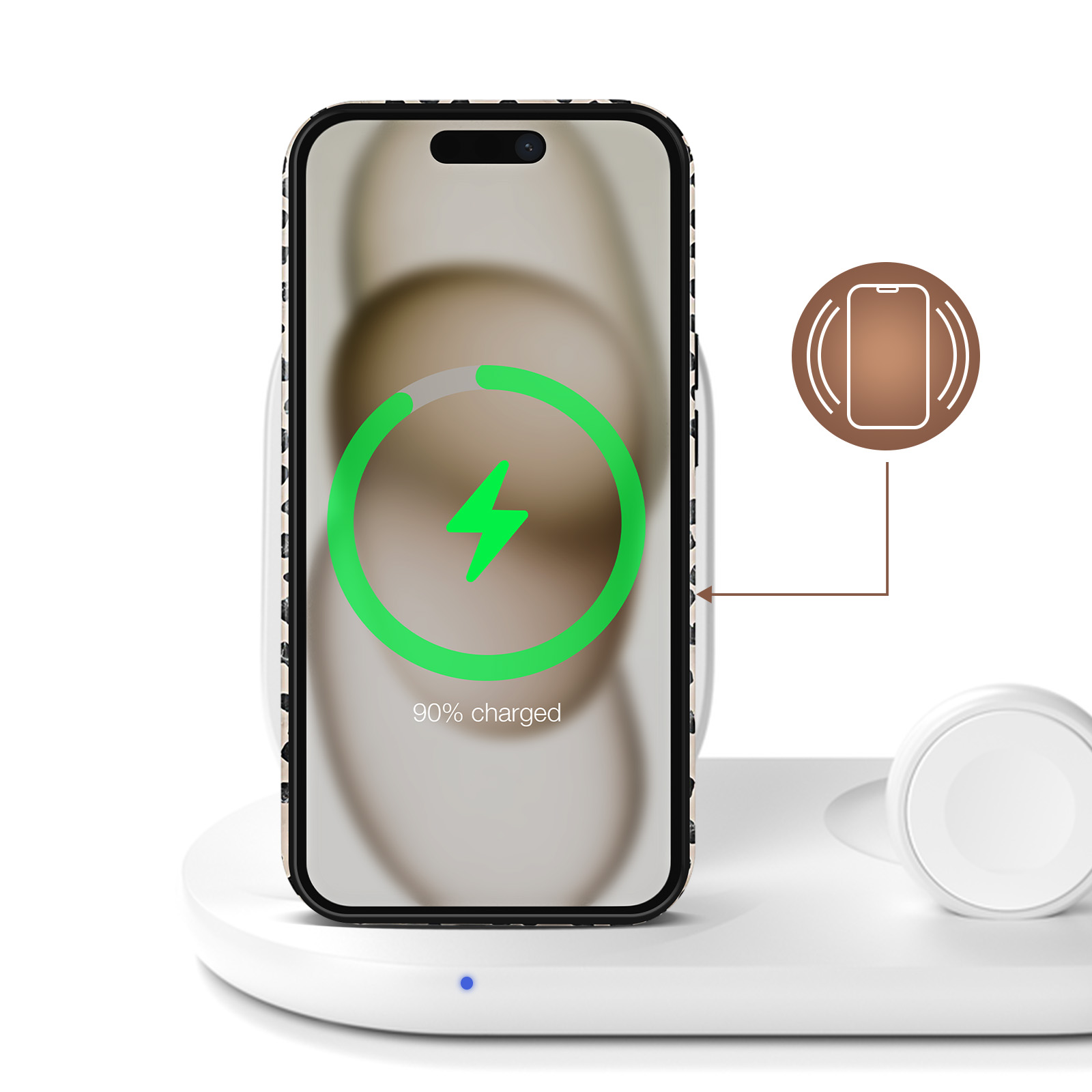 Phone charging on a wireless charger. Green lightning bolt indicates 90% charge.