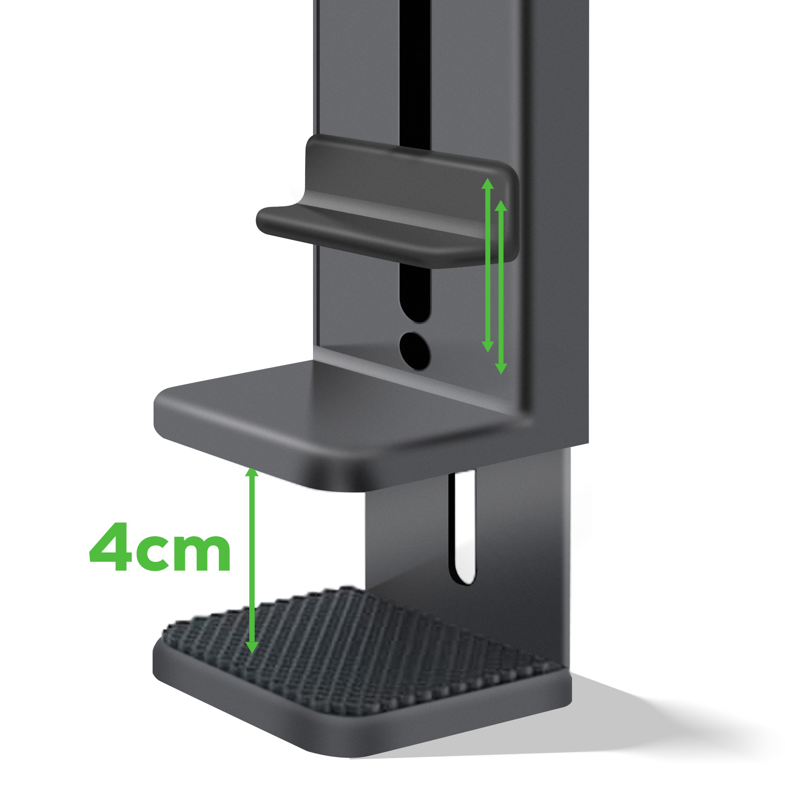 Support métallique noir avec étagère réglable. Étiquette de 4 cm.