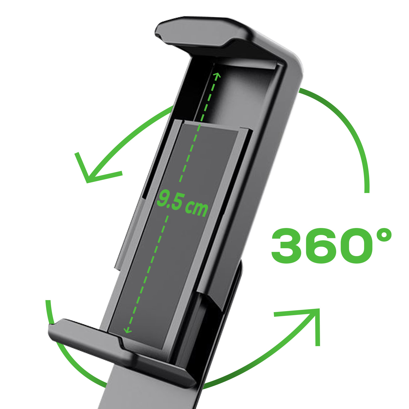 Support de téléphone noir, réglable, avec mesures et flèches de rotation à 360 degrés.
