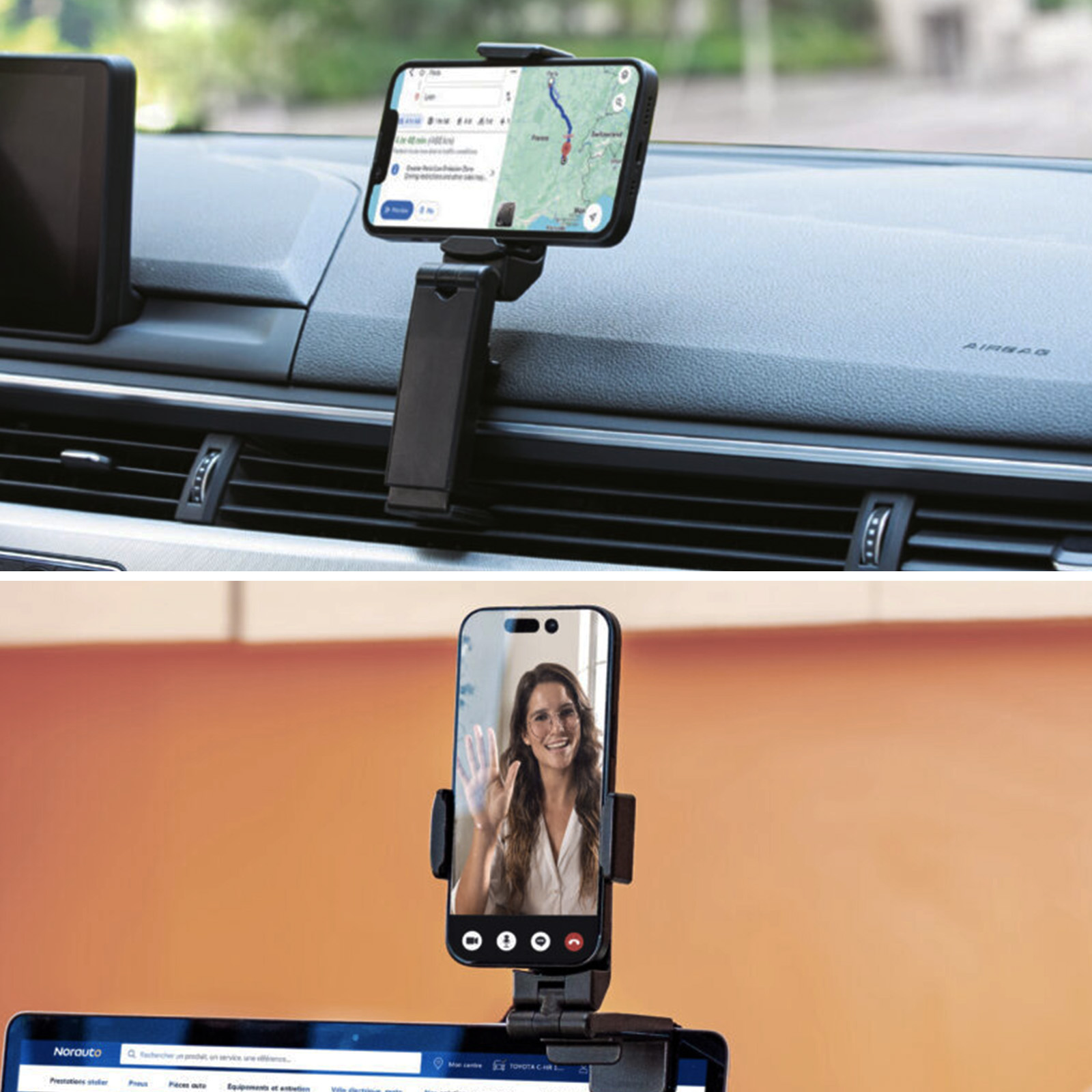 Support de téléphone dans une voiture. Le téléphone affiche la navigation. Un autre montre un appel vidéo.
