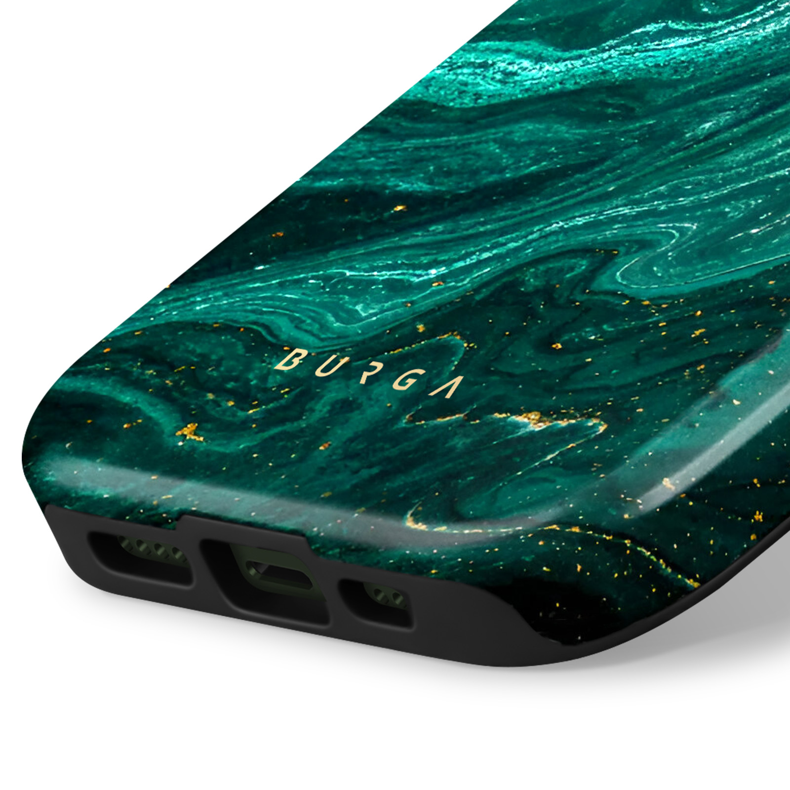 Close-up van een telefoonhoesje met een groen en goud marmerontwerp.