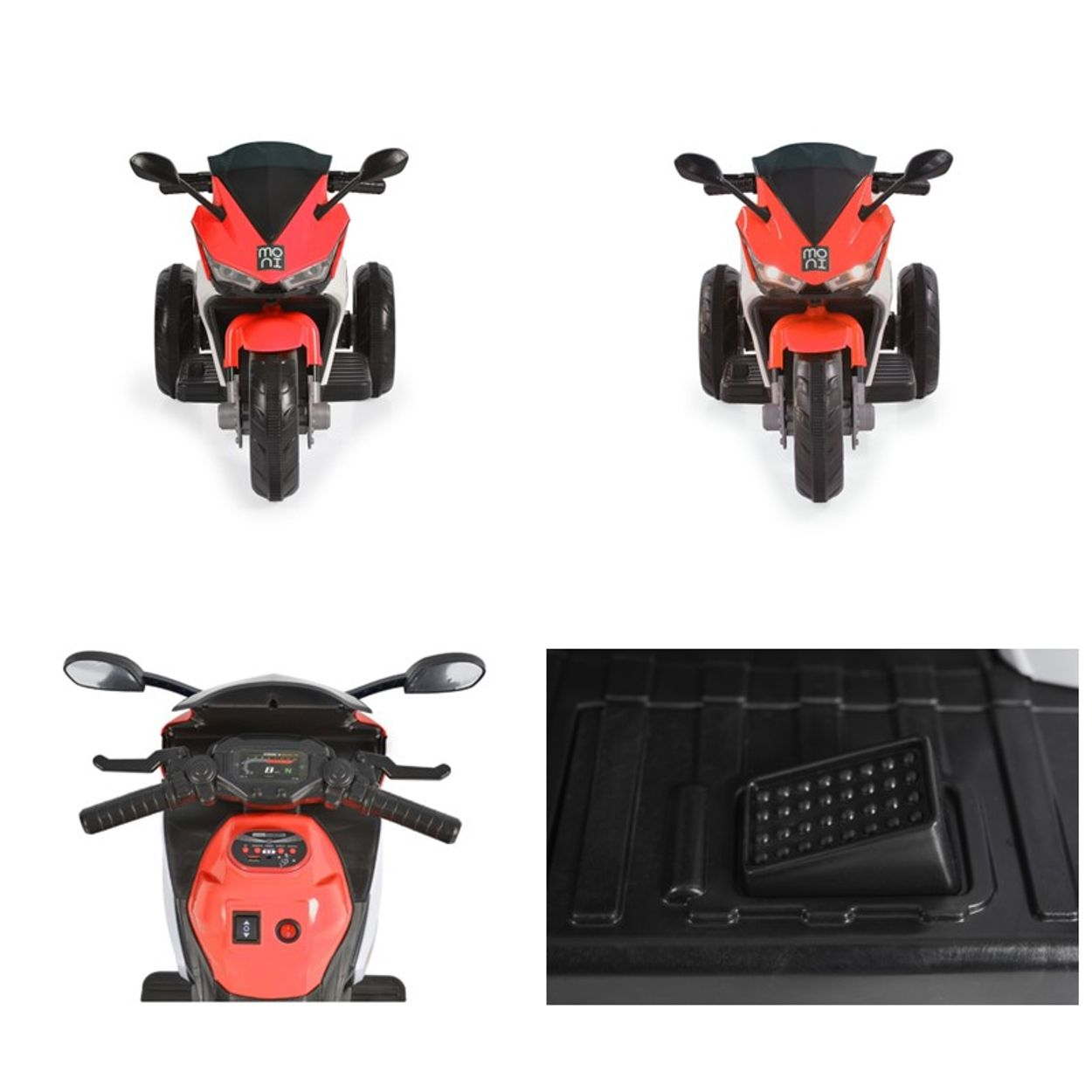Vier Bilder eines roten und schwarzen Spielzeugmotorrads. Details umfassen die Vorderseite, die Seite und die Unterseite mit Pedalen.