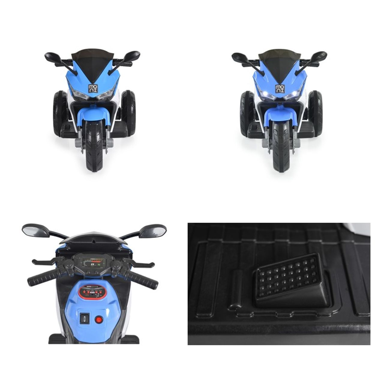 Vier Bilder von Spielzeugmotorrädern. Blau und schwarz, mit drei Rädern.