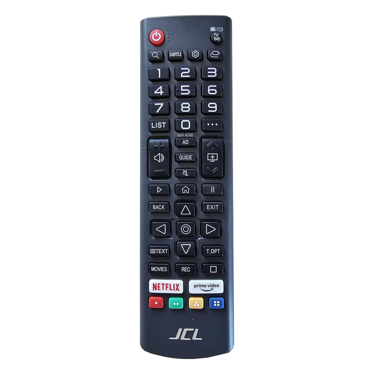 Telecomando JCL nero con pulsanti Netflix e Prime Video. I numeri sono grigi con contorni bianchi.