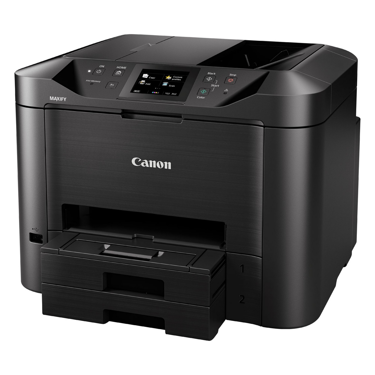Stampante Canon MAXIFY nera con un design elegante e moderno.