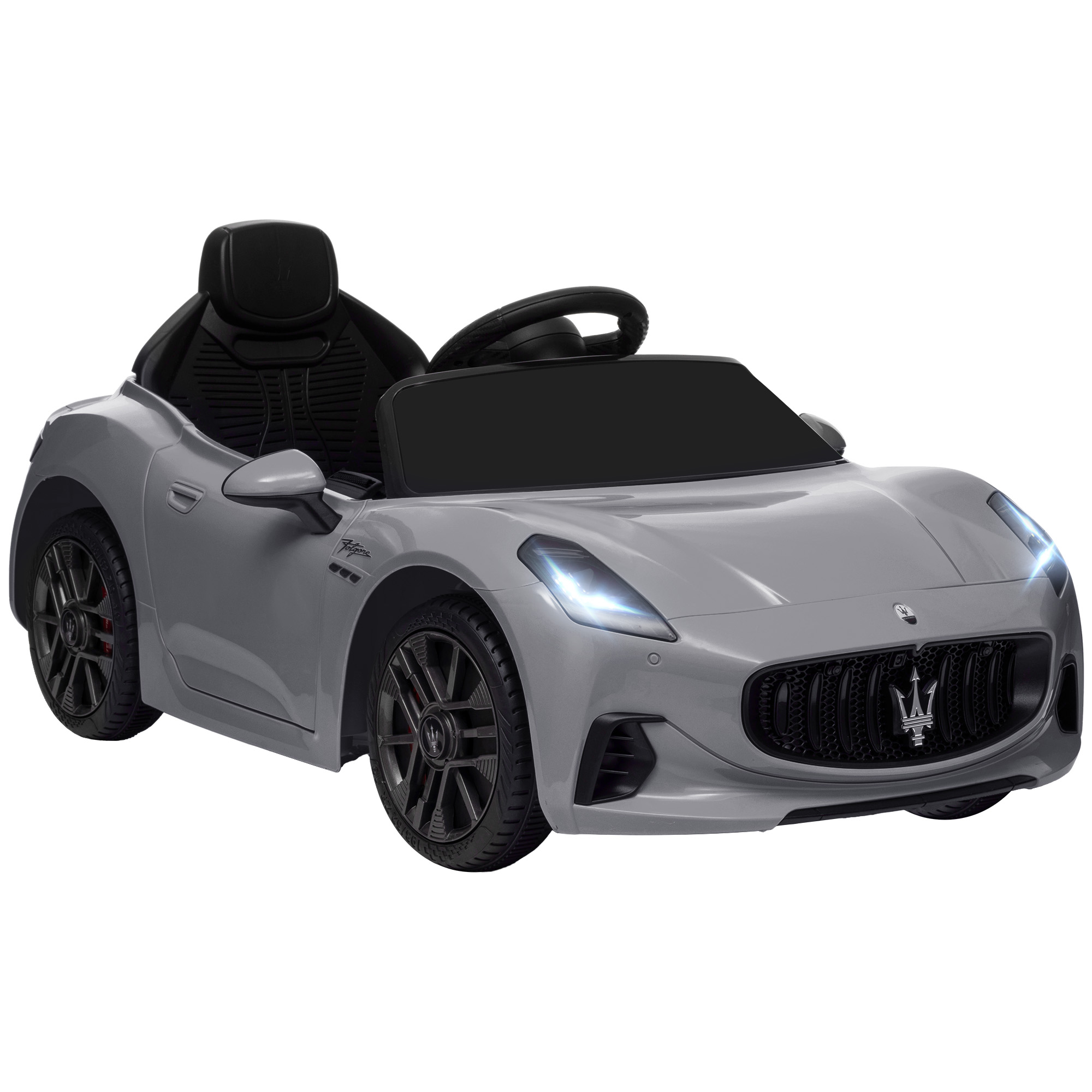 Un'auto giocattolo elettrica Maserati grigia. È dotata di fari e interni neri.