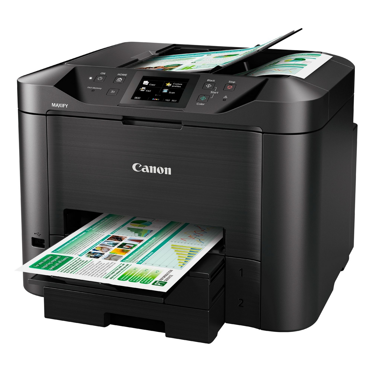 Stampante Canon MAXIFY nera che stampa documenti a colori.