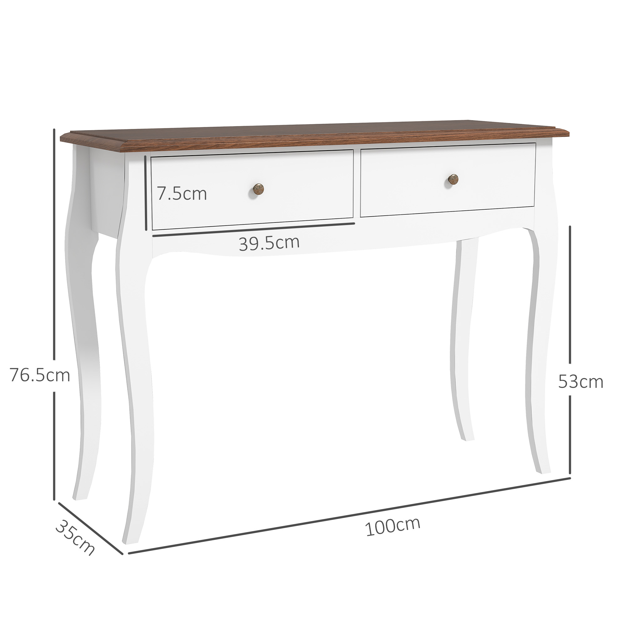 Consolle bianca con piano marrone, due cassetti e gambe curve. Dimensioni: 100cm x 35cm x 76.5cm.
