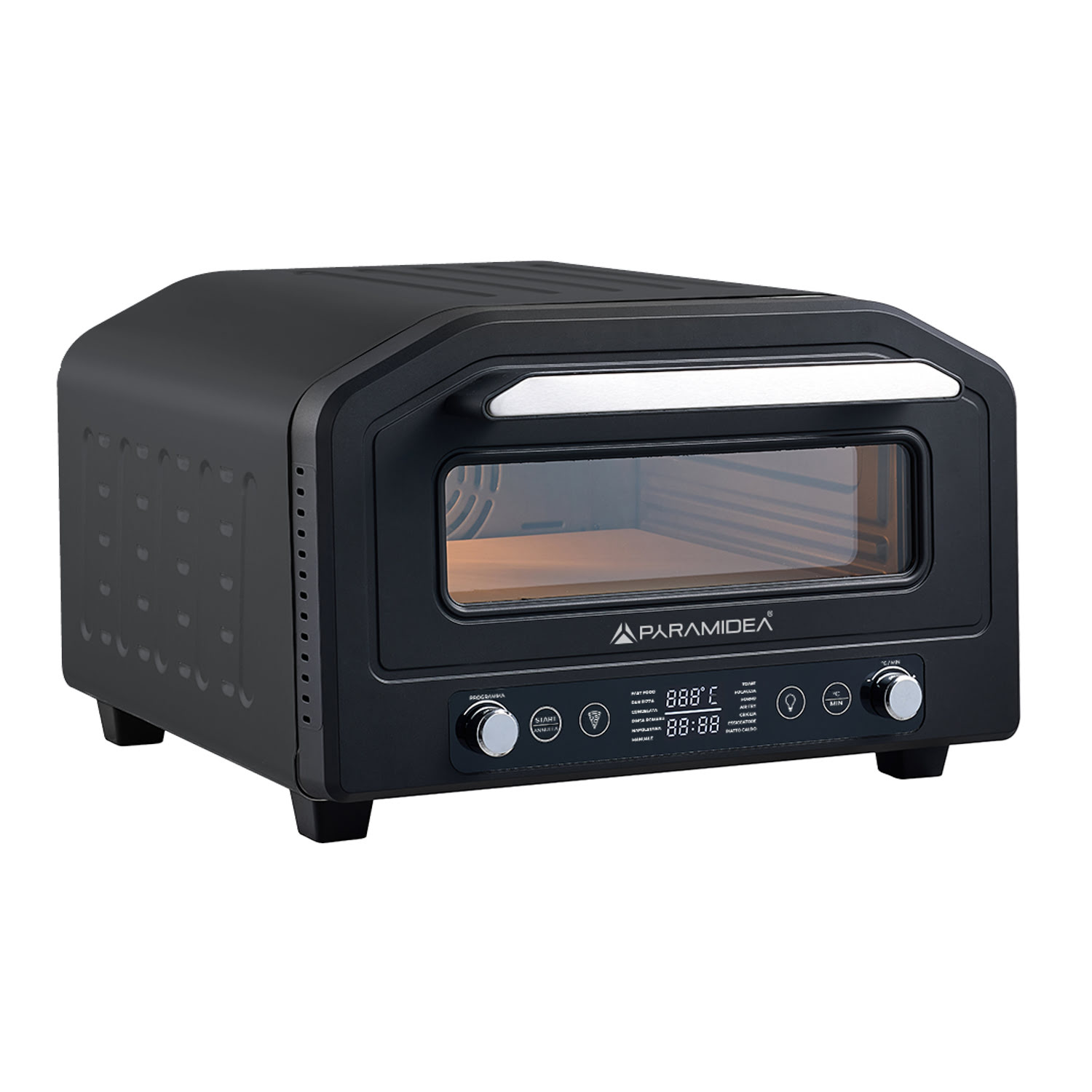 Un forno Paramidea nero con porta a vetro, pannello comandi e display digitale.
