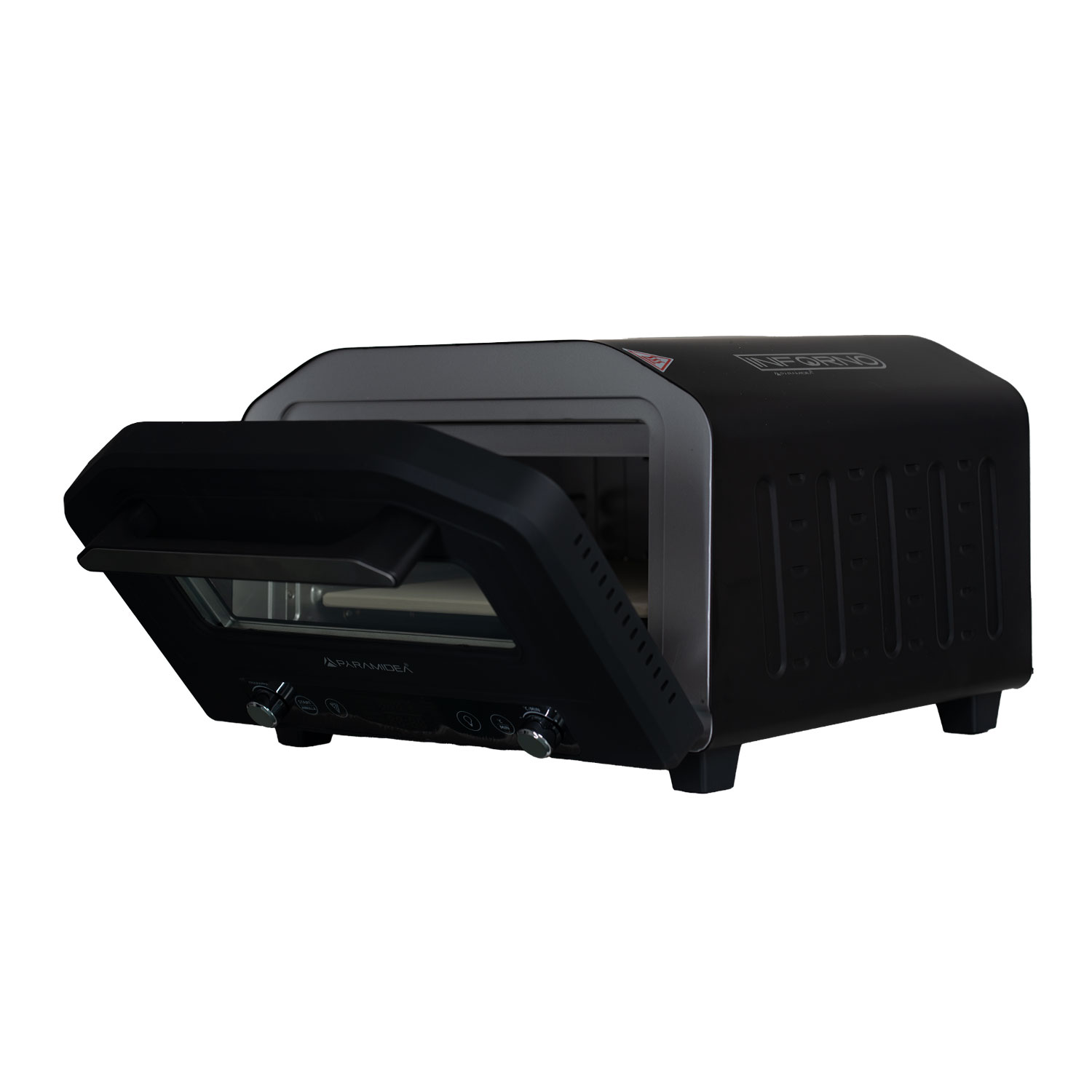 Un mini forno Paramidea nero, con la porta aperta, su sfondo bianco.