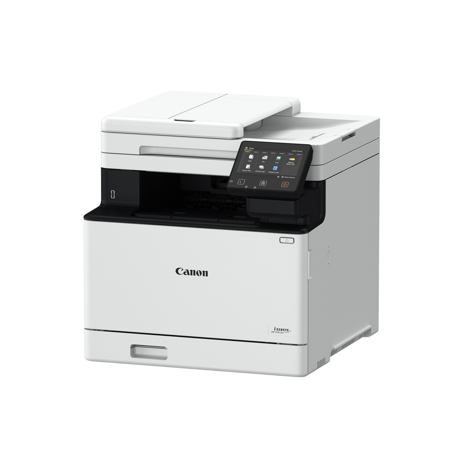 Biała drukarka Canon z czarnym górnym panelem i panelem sterowania, na czarnym tle.