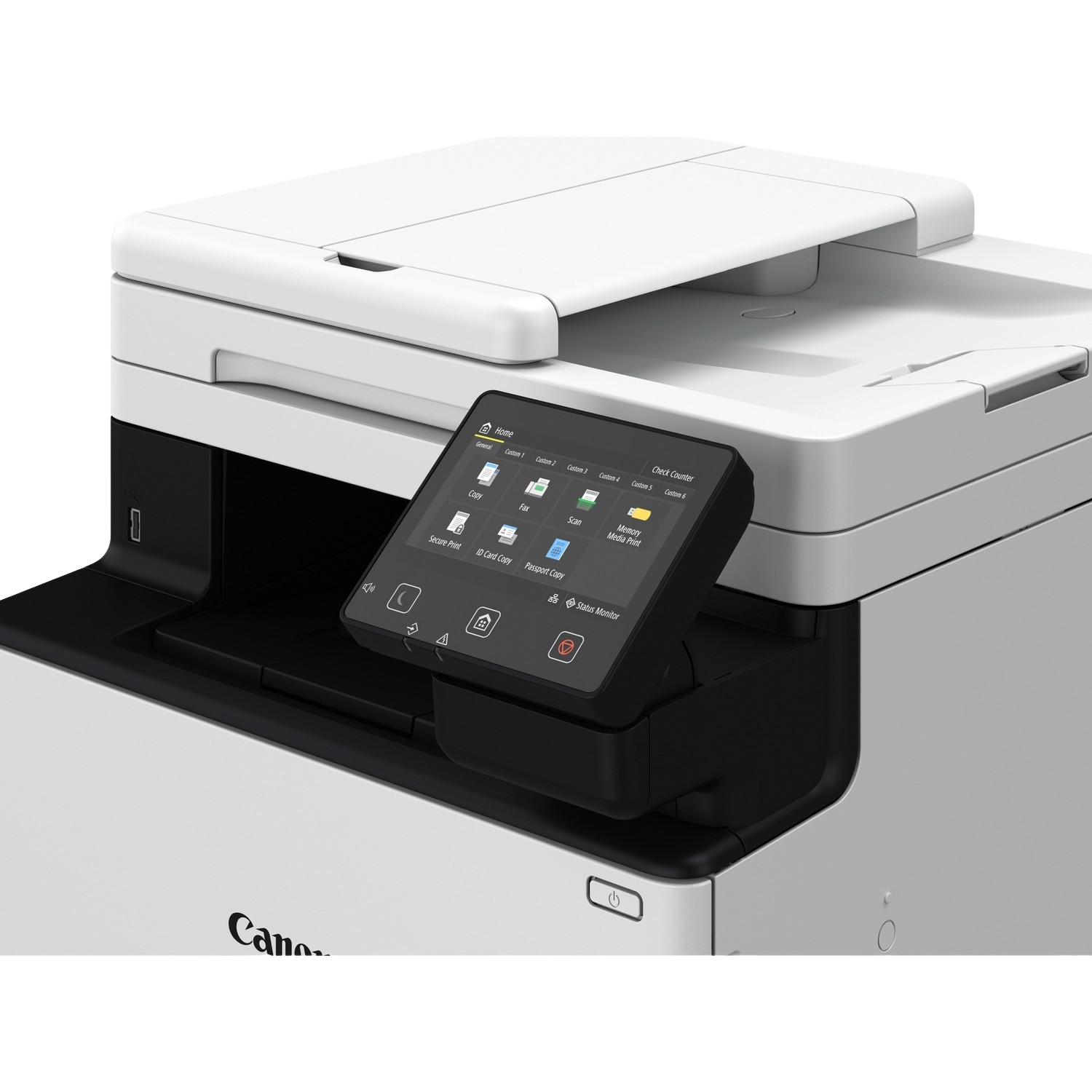 Zbliżenie panelu sterowania drukarki Canon. Zawiera ekran dotykowy z ikonami.