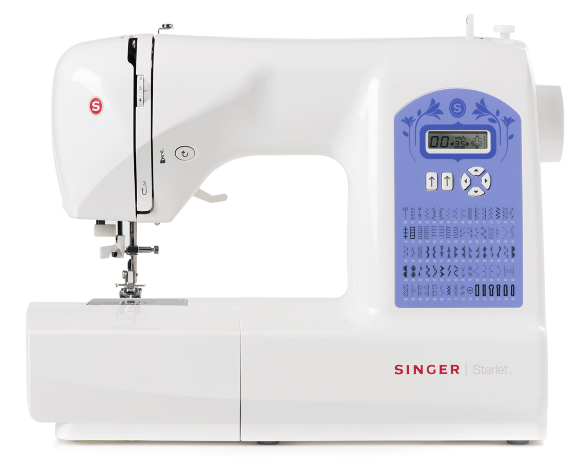 Biała maszyna do szycia Singer Starlet. Posiada wyświetlacz cyfrowy i wiele opcji ściegów.