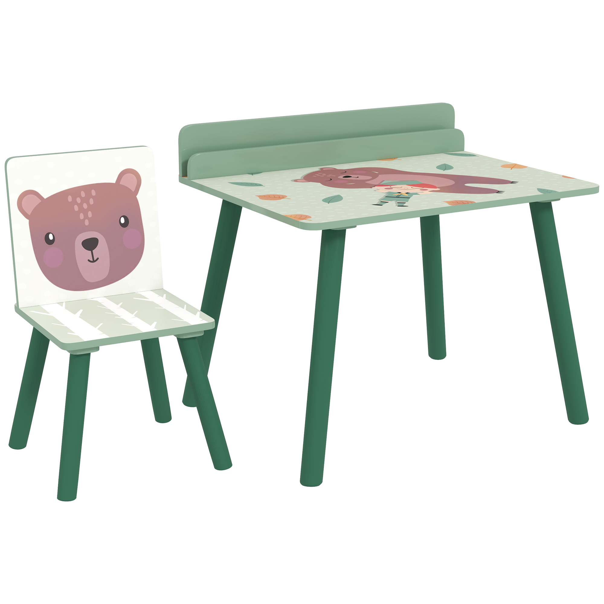 Set tavolo e sedia a tema orso verde e bianco. Il tavolo ha un design a orso.