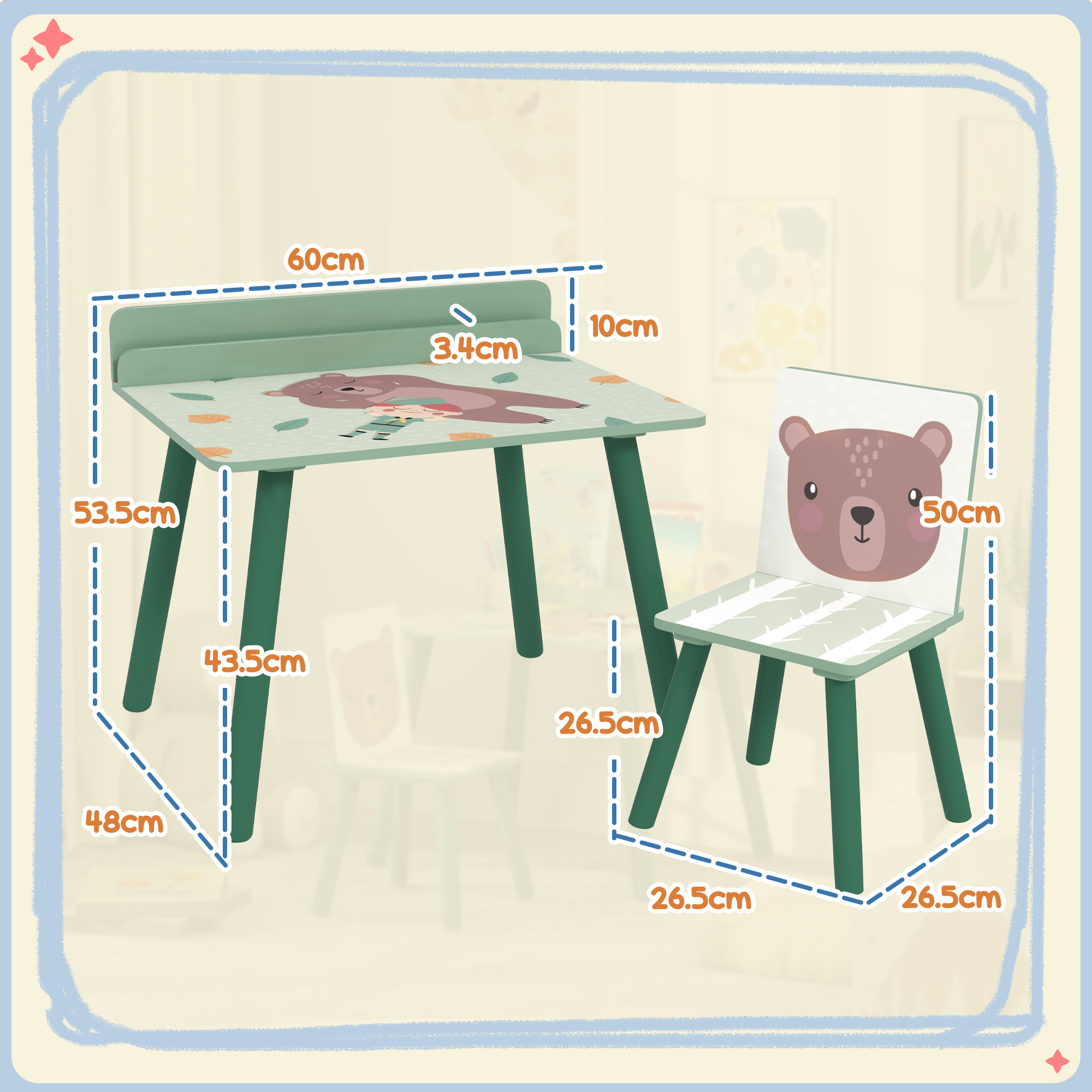 Un set di tavolo e sedia verde a tema orso.