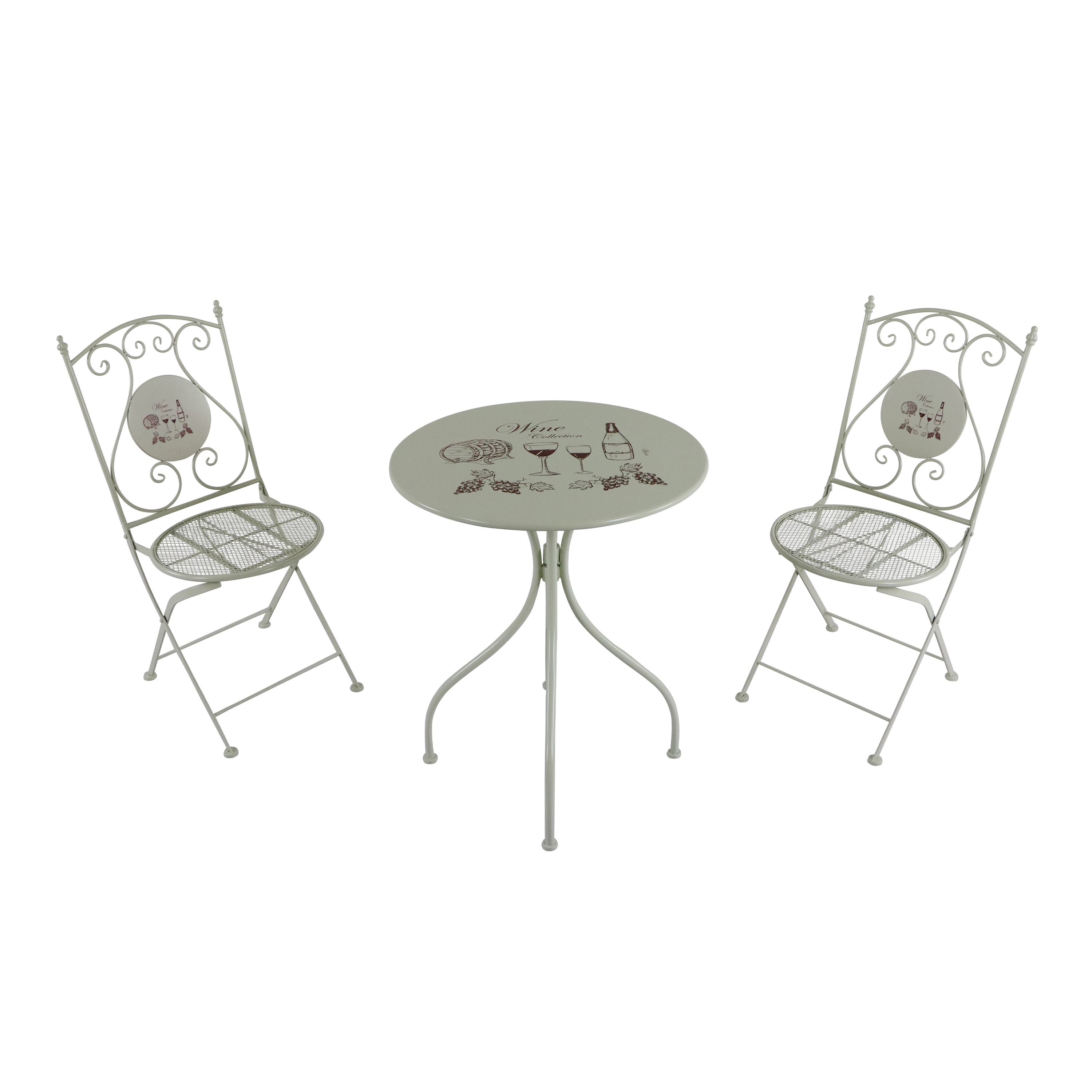 Ein Tisch und zwei Stühle, Gartenmöbel, auf weißem Hintergrund. Der Tisch hat ein Wein-Thema.