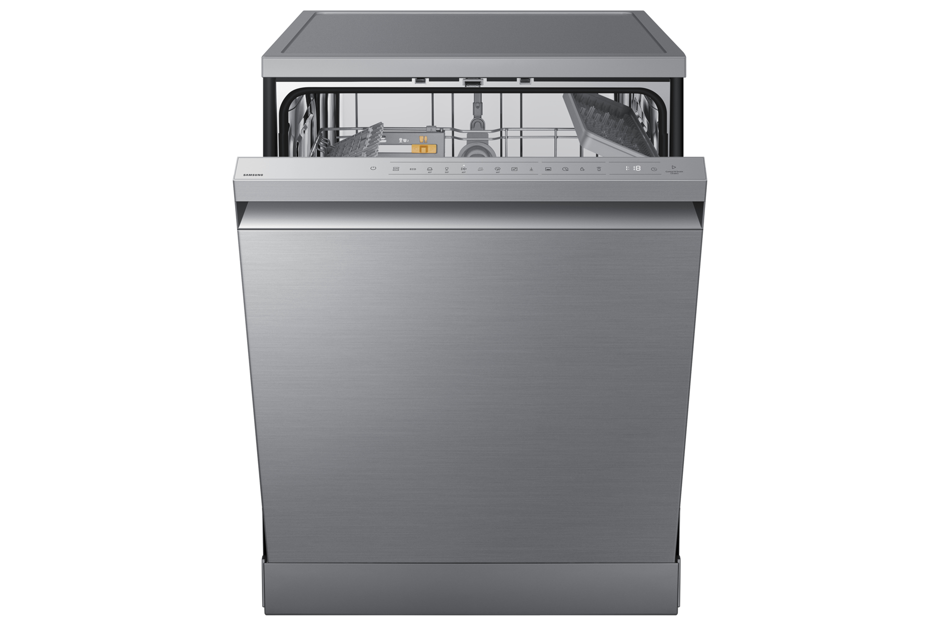 Srebrna zmywarka z otwartymi drzwiami. Widoczne wewnętrzne kosze. Białe tło.