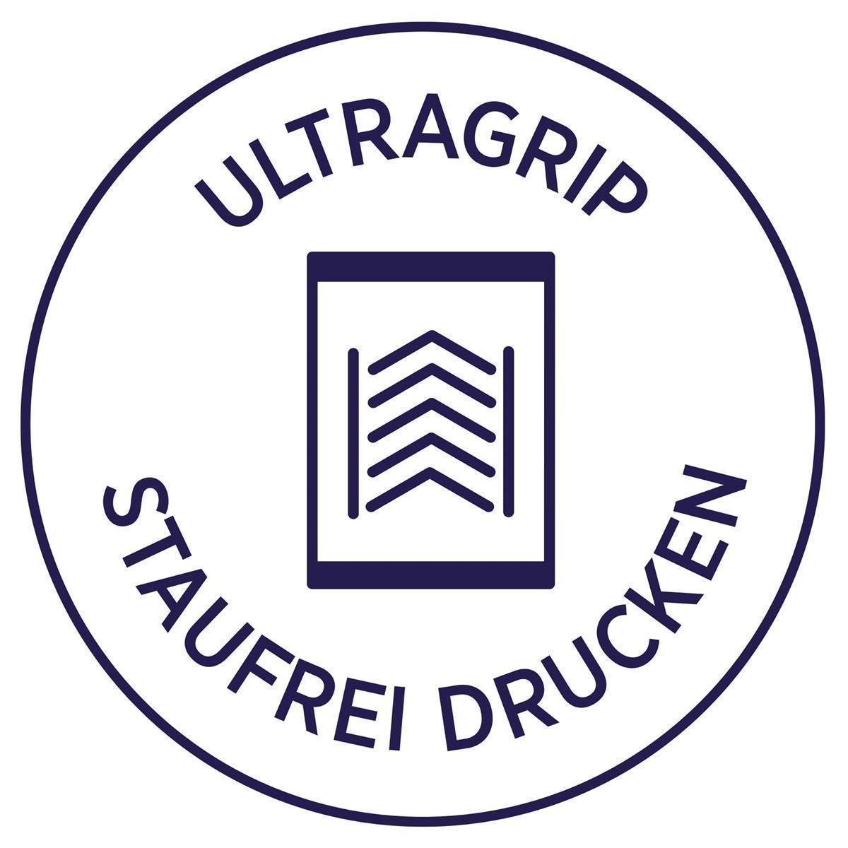 Ein weißer Kreis mit Text 'ULTRAGRIP STAUFREI DRUCKEN' und einem Symbol darin.