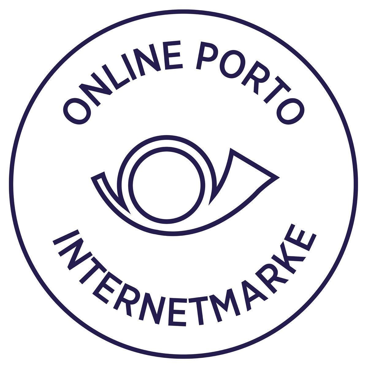 Ein blau-weißes kreisförmiges Emblem mit den Worten 'ONLINE PORTO INTERNETMARKE' um ein Logo herum.