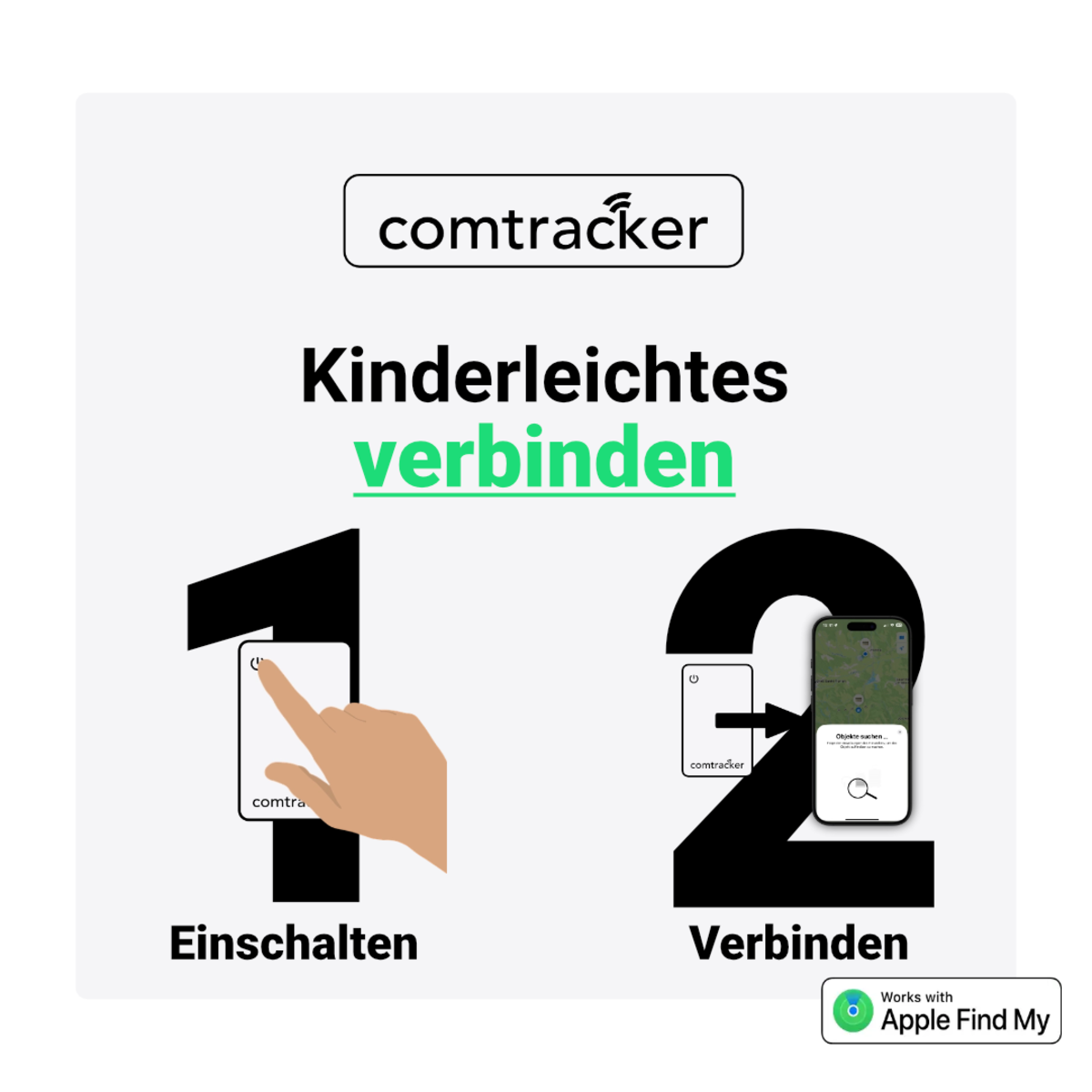 Zwei Bilder. Comtracker-Karte und Telefonbildschirm mit einer Karte. Anweisungen sagen, verbinden und einschalten.