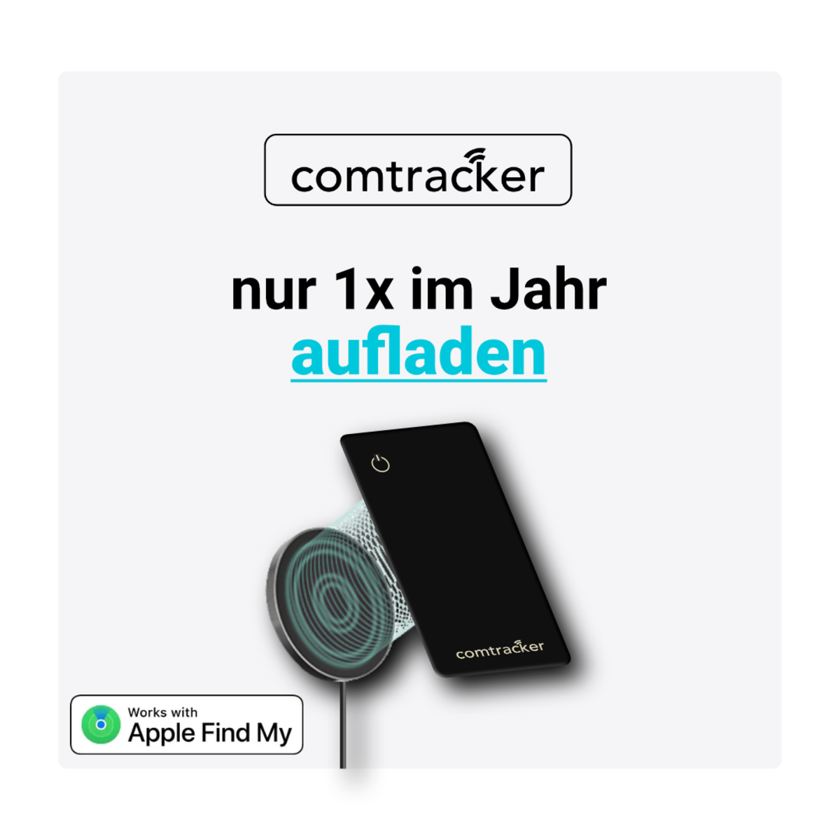 Schwarz-weißer Tracker mit Text über Apple Find My, auf Weiß.