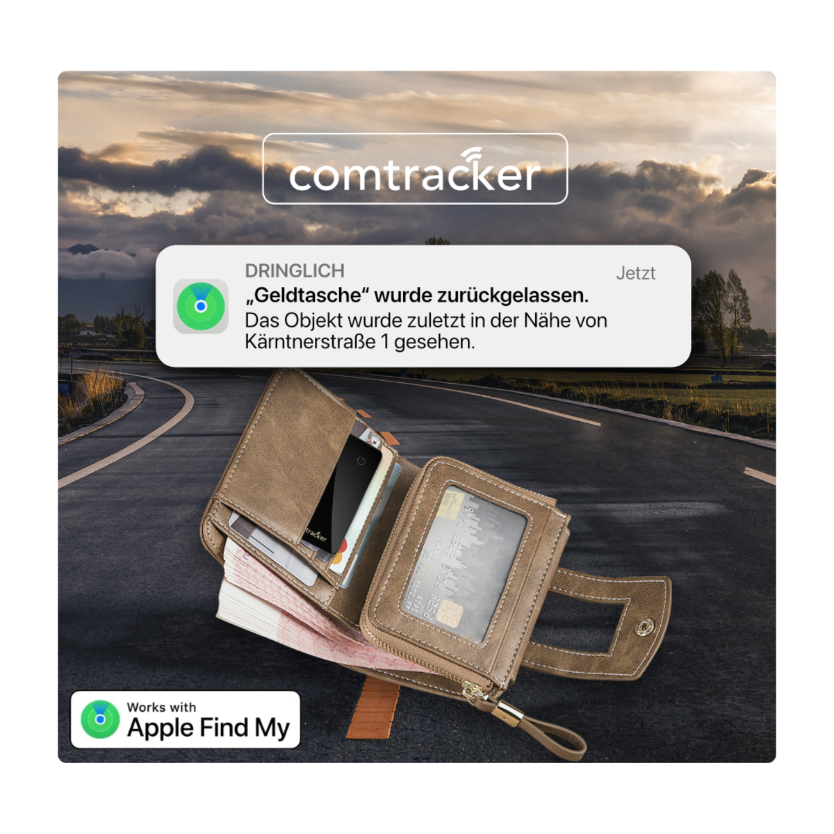 Eine geöffnete Geldbörse mit Geld und Karten und eine Benachrichtigung von einem Smart-Tracking-Gerät.