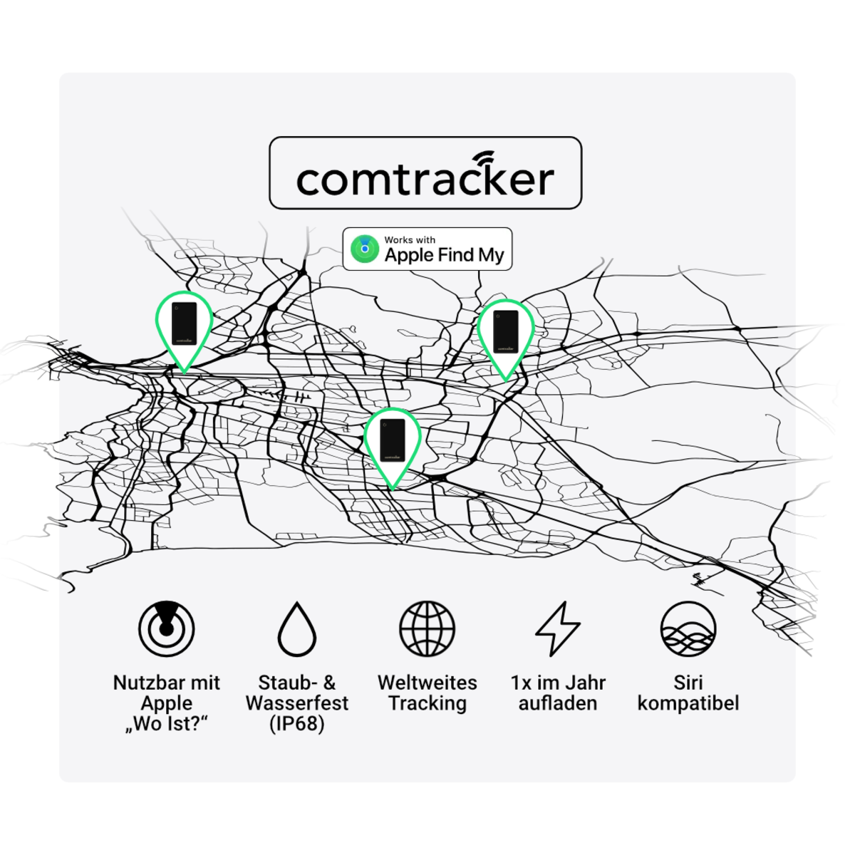 Eine Karte mit Standorten, die mit Telefonsymbolen markiert sind. Text über comtracker und Apple Find My.