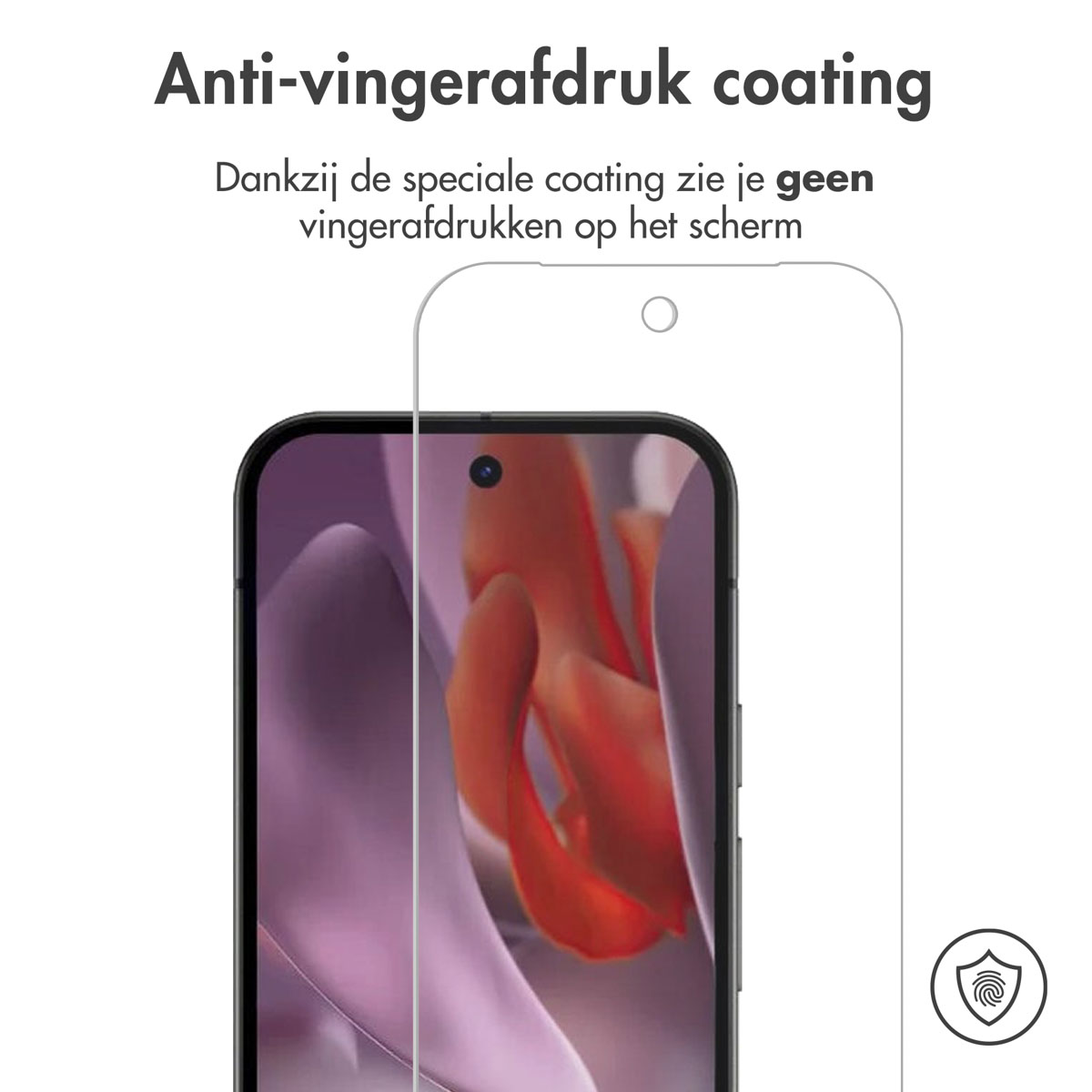 Telefoonschermbeschermer. Het is transparant en het telefoonscherm is zichtbaar. Er is een vingerafdrukpictogram.