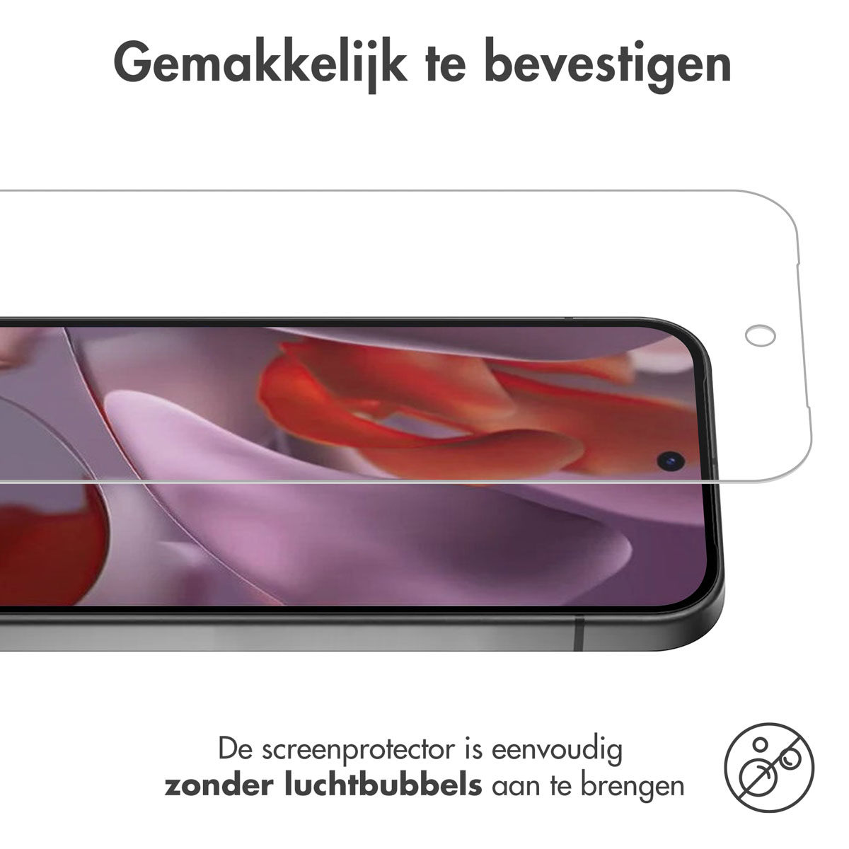 Telefoonschermbeschermer, aangebracht. Tekst: Gemakkelijk aan te brengen zonder bellen.