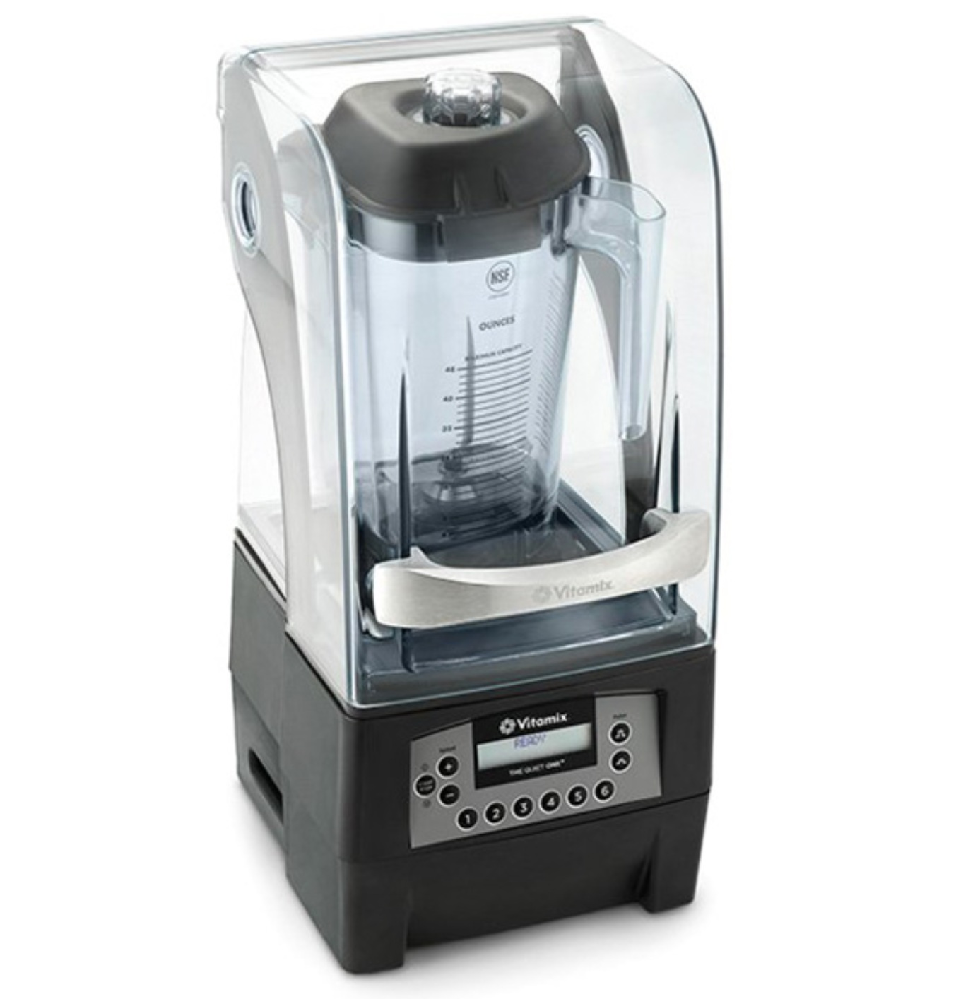 Un frullatore Vitamix con contenitore trasparente e base nera, che mostra il pannello di controllo.