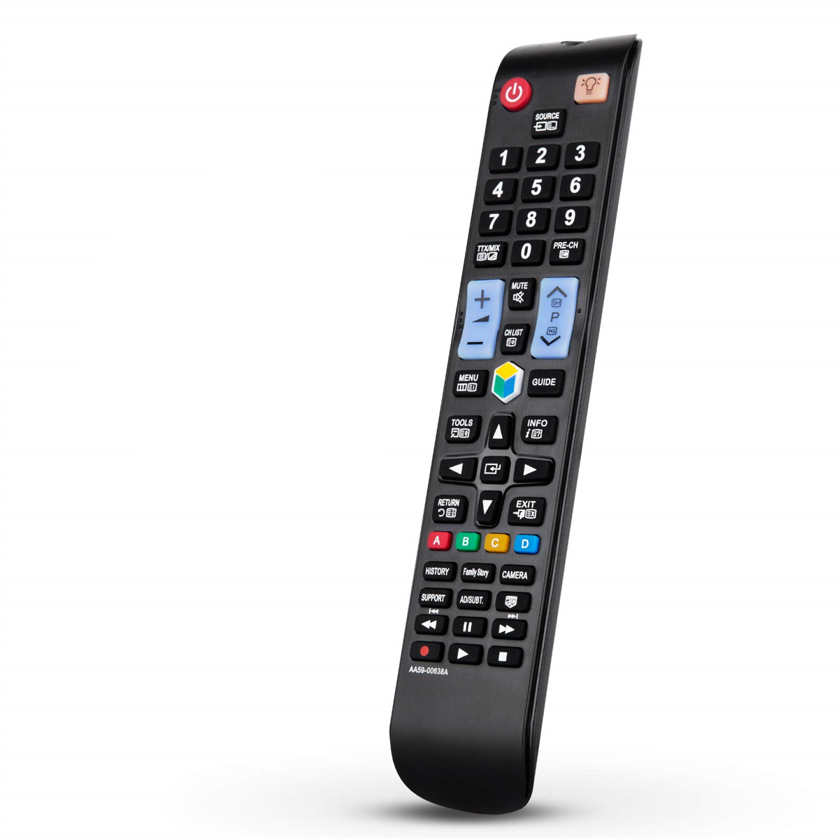Schwarze TV-Fernbedienung mit Tasten, Ein-/Aus-Taste und Zifferntasten.