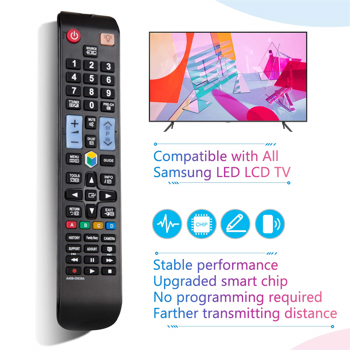 Schwarze Fernbedienung mit vielen Tasten. Sie ist als kompatibel mit Samsung LED LCD TV gekennzeichnet.
