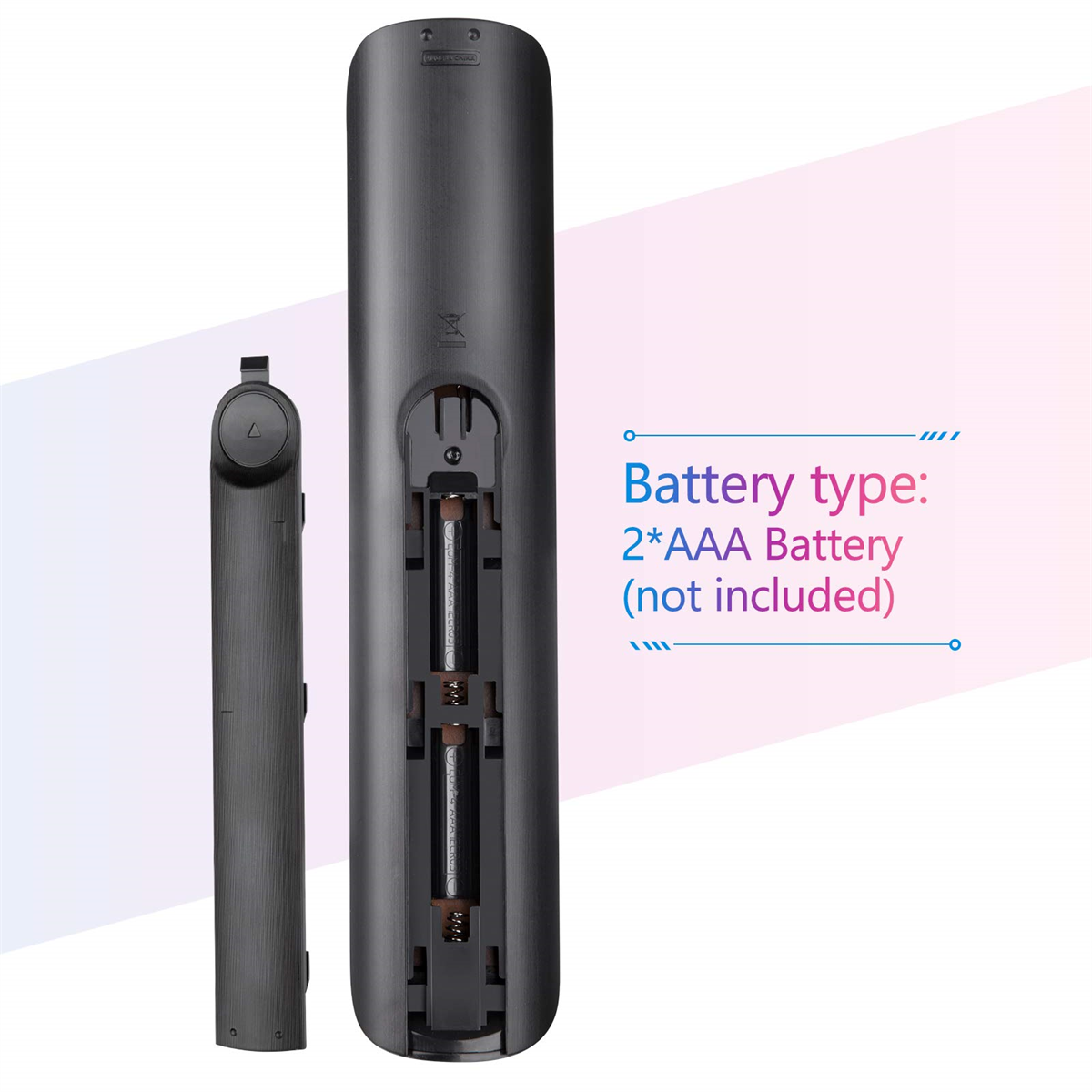 Schwarze Fernbedienung mit offenem Batteriefach. Veranschaulicht den Batterietyp.