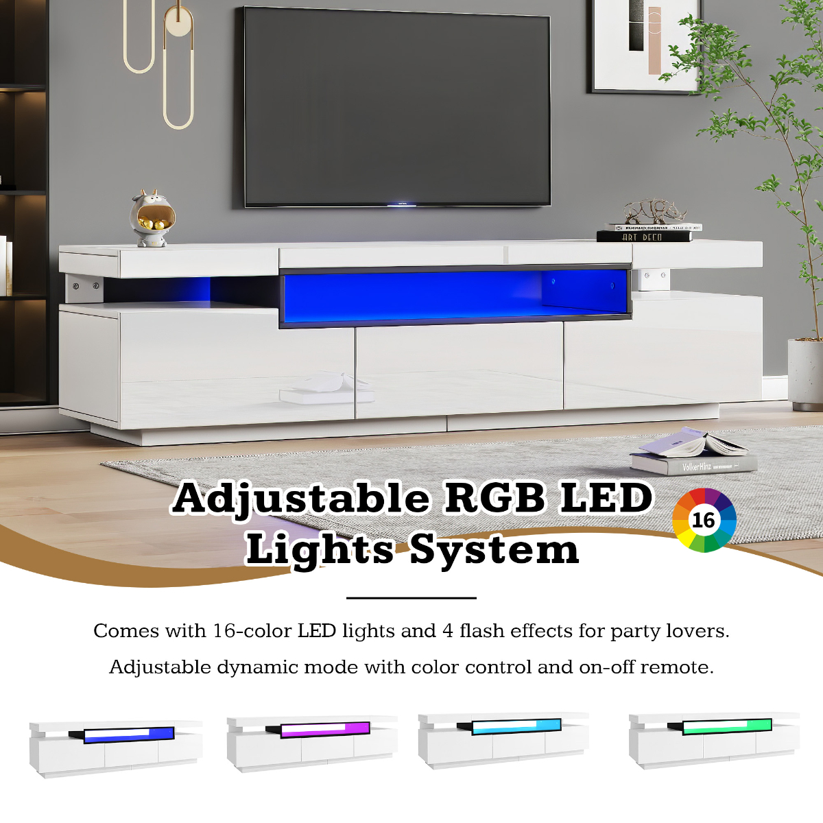 Weißer TV-Ständer mit blauen LED-Leuchten. Text: 'Adjustable RGB LED Lights System'.