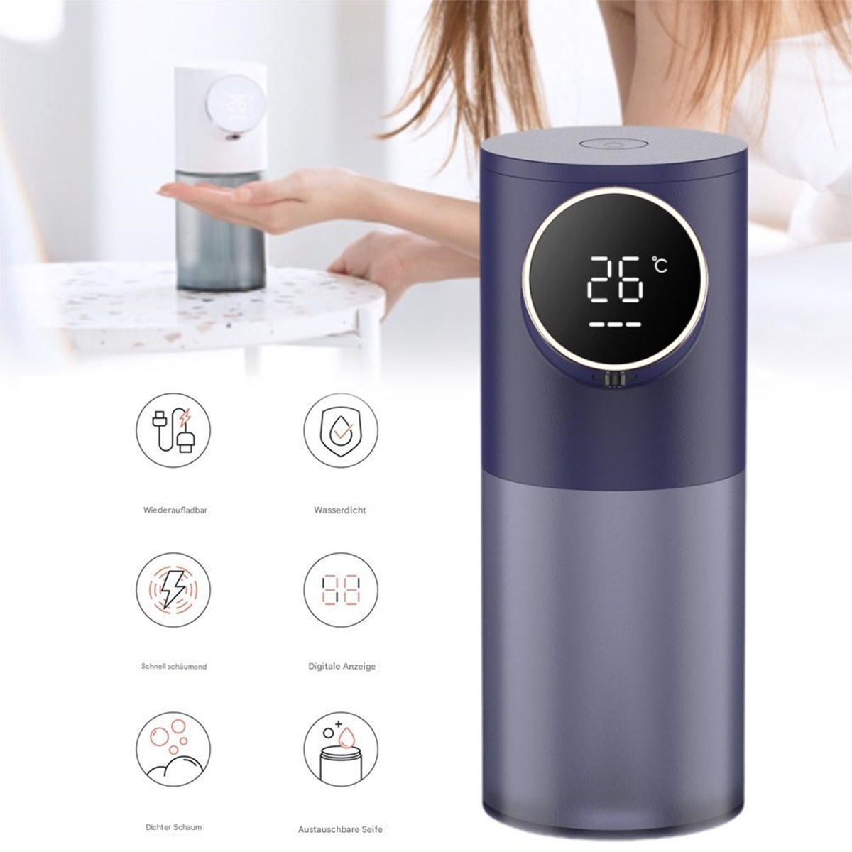 Automatischer Seifenspender mit Digitalanzeige, die 26 Grad anzeigt. Der Spender ist blau und grau.