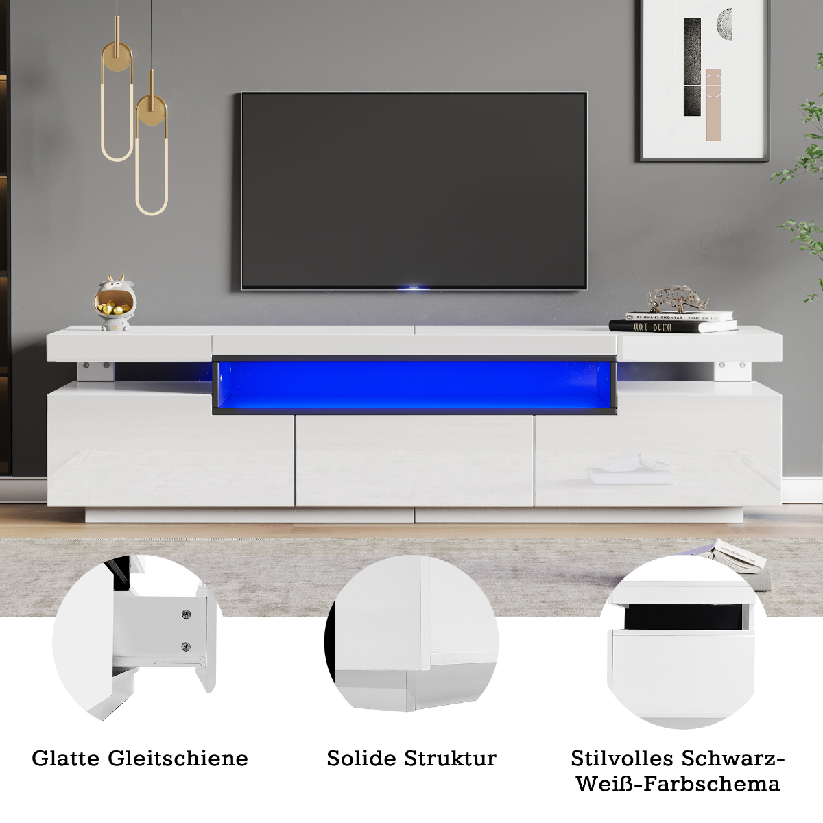 Ein weißer TV-Ständer mit blauem Licht, Schubladendetails und Text auf Deutsch.