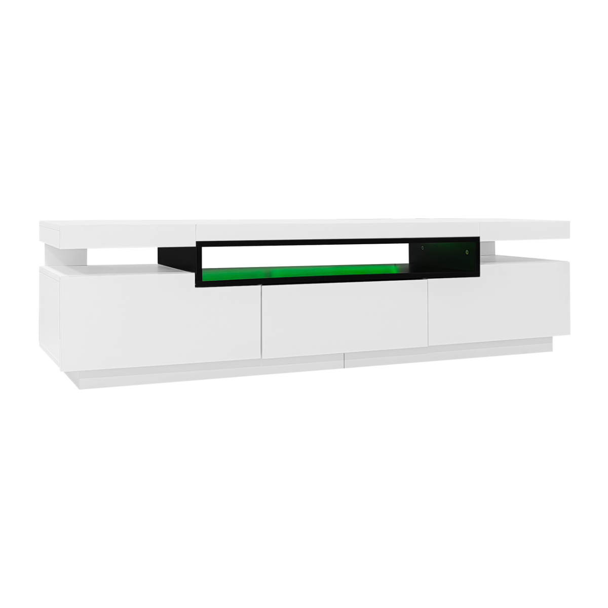Weißer TV-Ständer mit drei Schubladen und offenem Regal mit grünem Licht. Modernes Design und klare Linien.